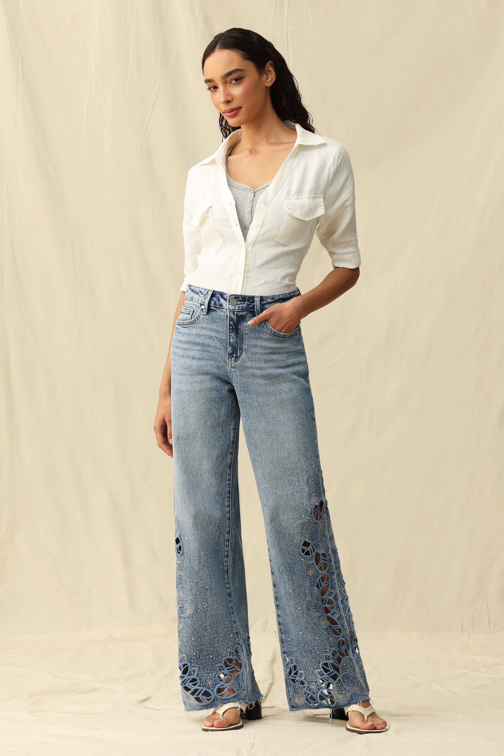 Cut - out Wide Leg Rhinestones Jeans Light Blue - Back of the Bay Boutique
