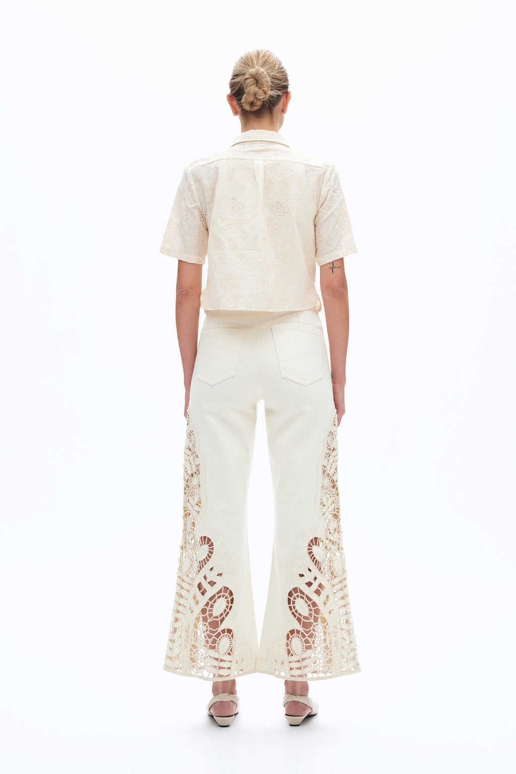 Embroidered High Rise Wide Leg Pants Beige - Back of the Bay Boutique