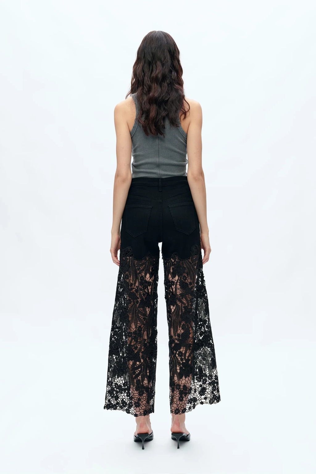 Embroidery Wide Leg Lace Jeans With Rhinestone Black - Back of the Bay Boutique