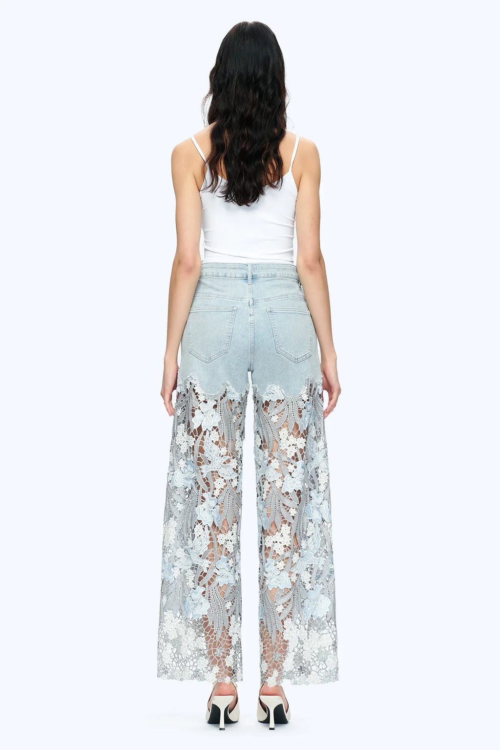Embroidery Wide Leg Lace Jeans With Rhinestone Light Blue - Back of the Bay Boutique