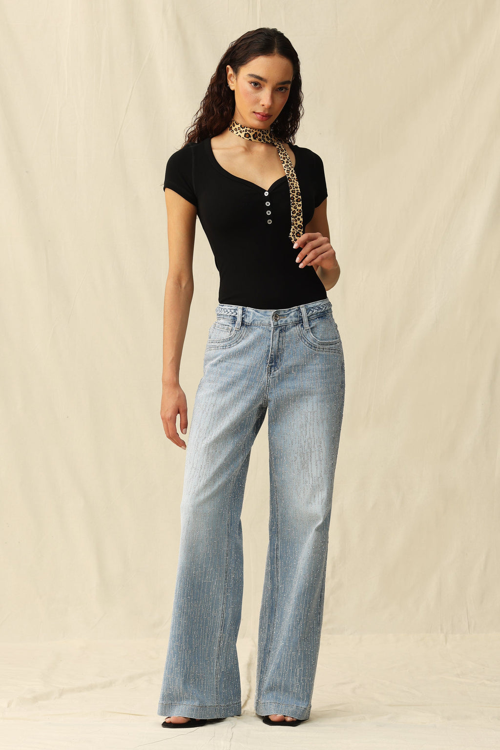 Mid Rise Wide Leg Rhinestone Jeans Light Blue - Back of the Bay Boutique