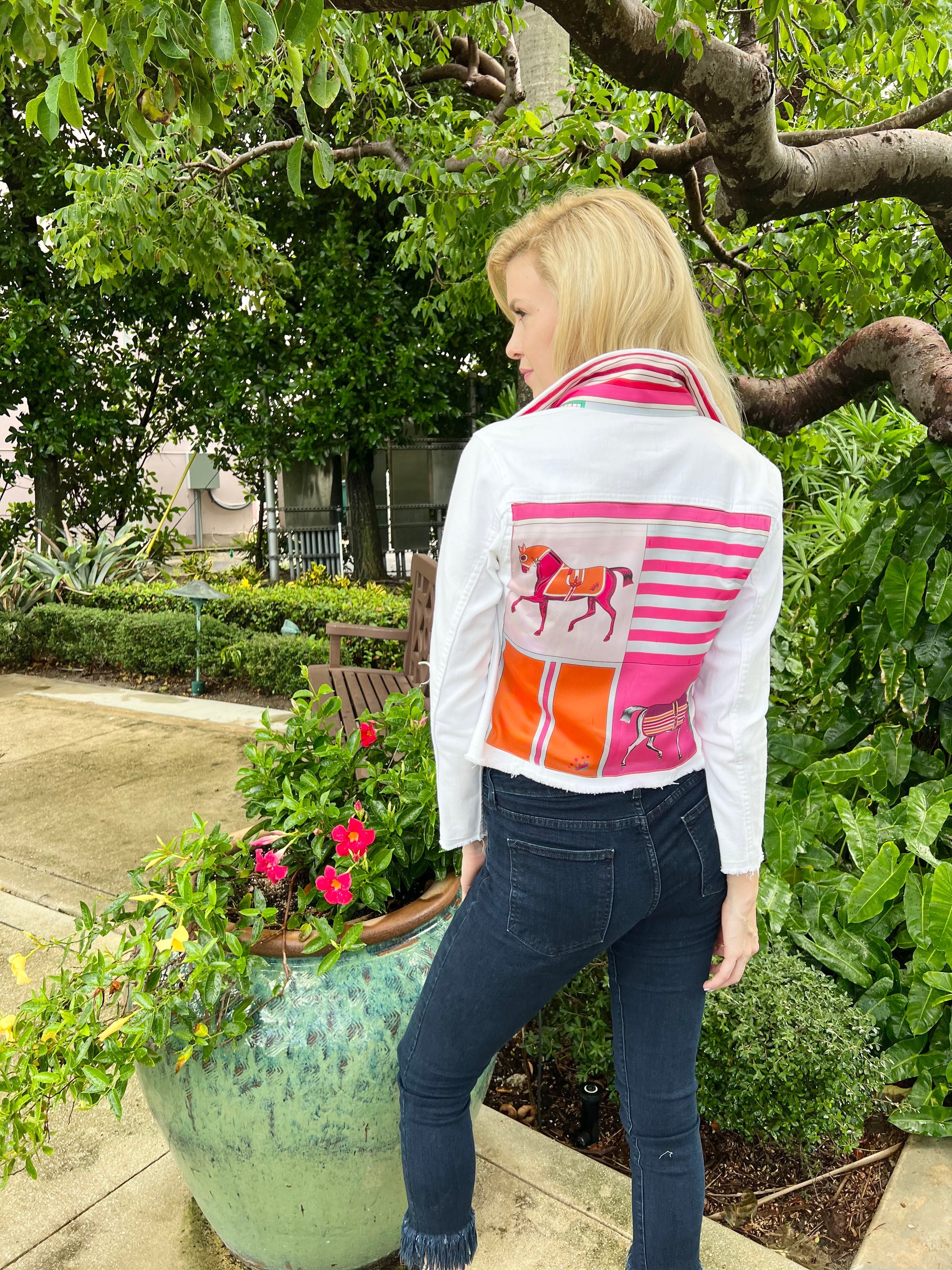 The White Denim Jacket / Pink Horse - Back of the Bay Boutique