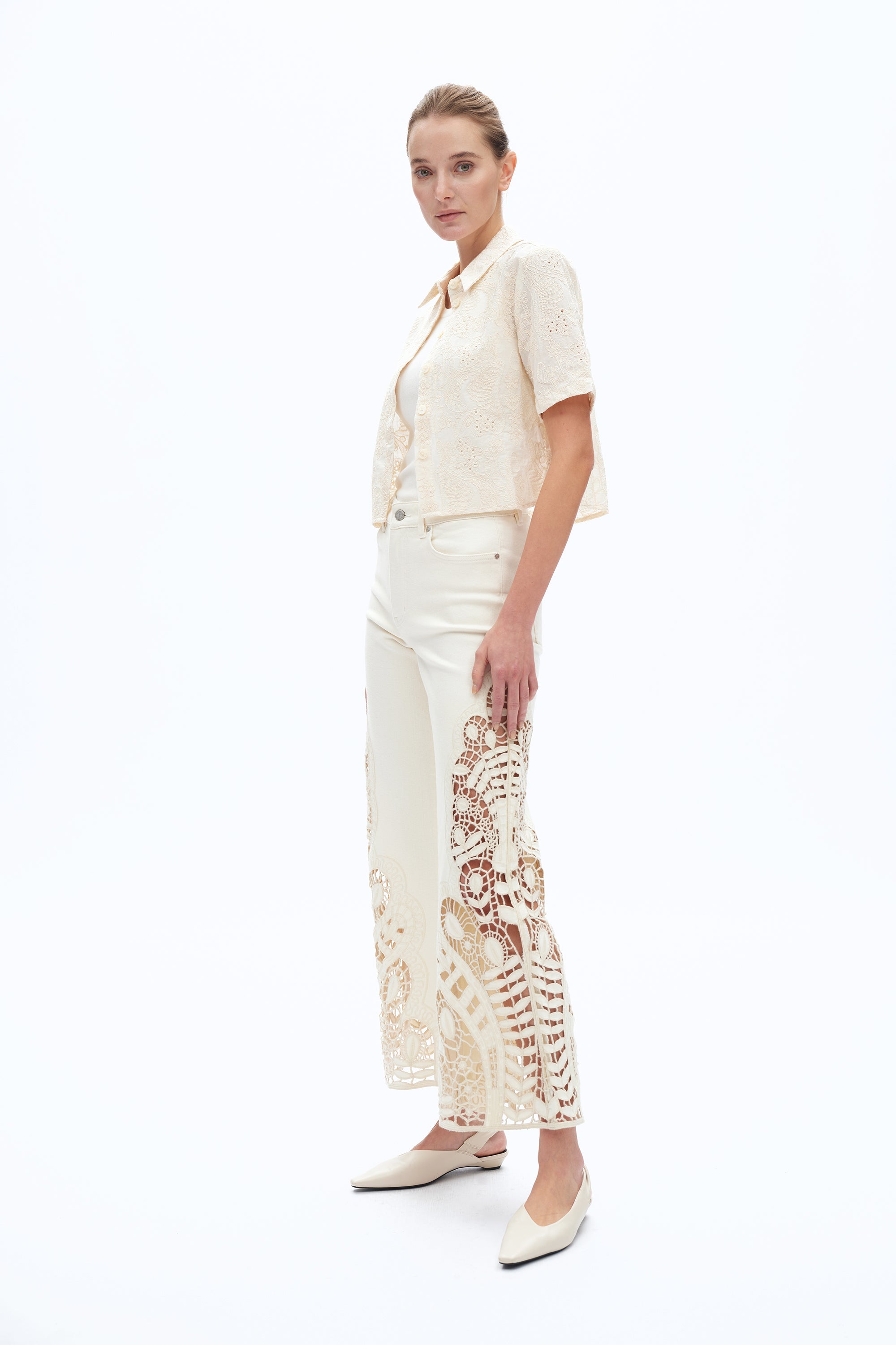 Embroidered High Rise Wide Leg Pants Beige - Back of the Bay Boutique