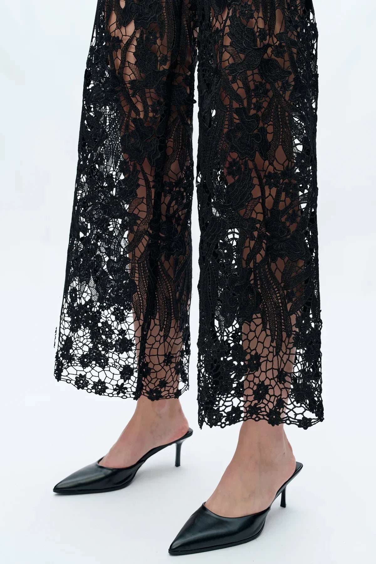 Embroidery Wide Leg Lace Jeans With Rhinestone Black - Back of the Bay Boutique