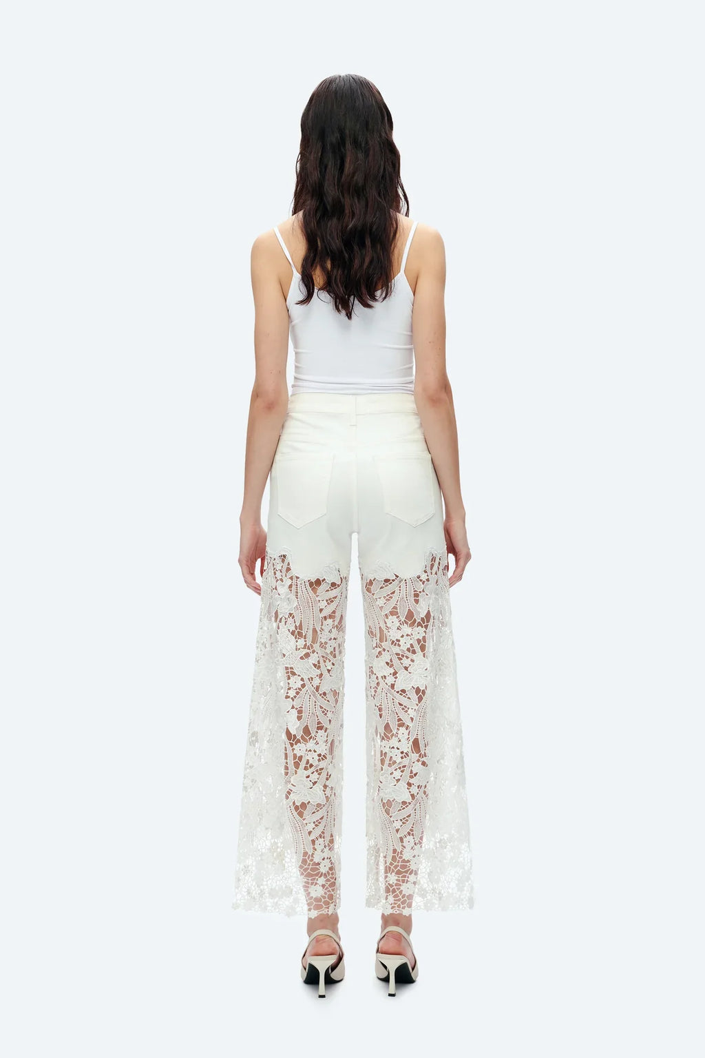 Embroidery Wide Leg Lace Jeans With Rhinestone White - Back of the Bay Boutique