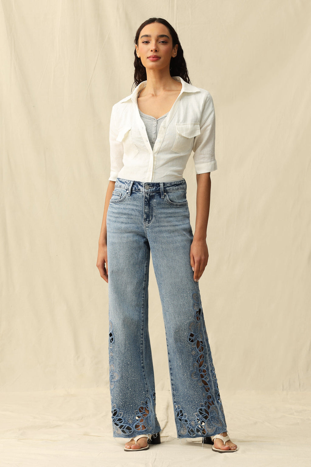 Cut - out Wide Leg Rhinestones Jeans Light Blue - Back of the Bay Boutique
