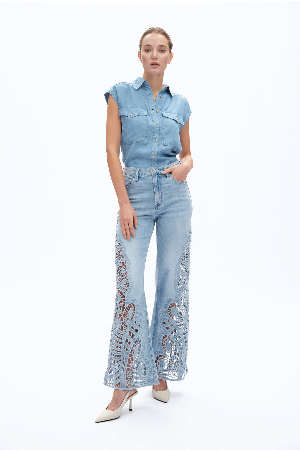 Lace Patchwork Wide Leg Jeans Cornflower