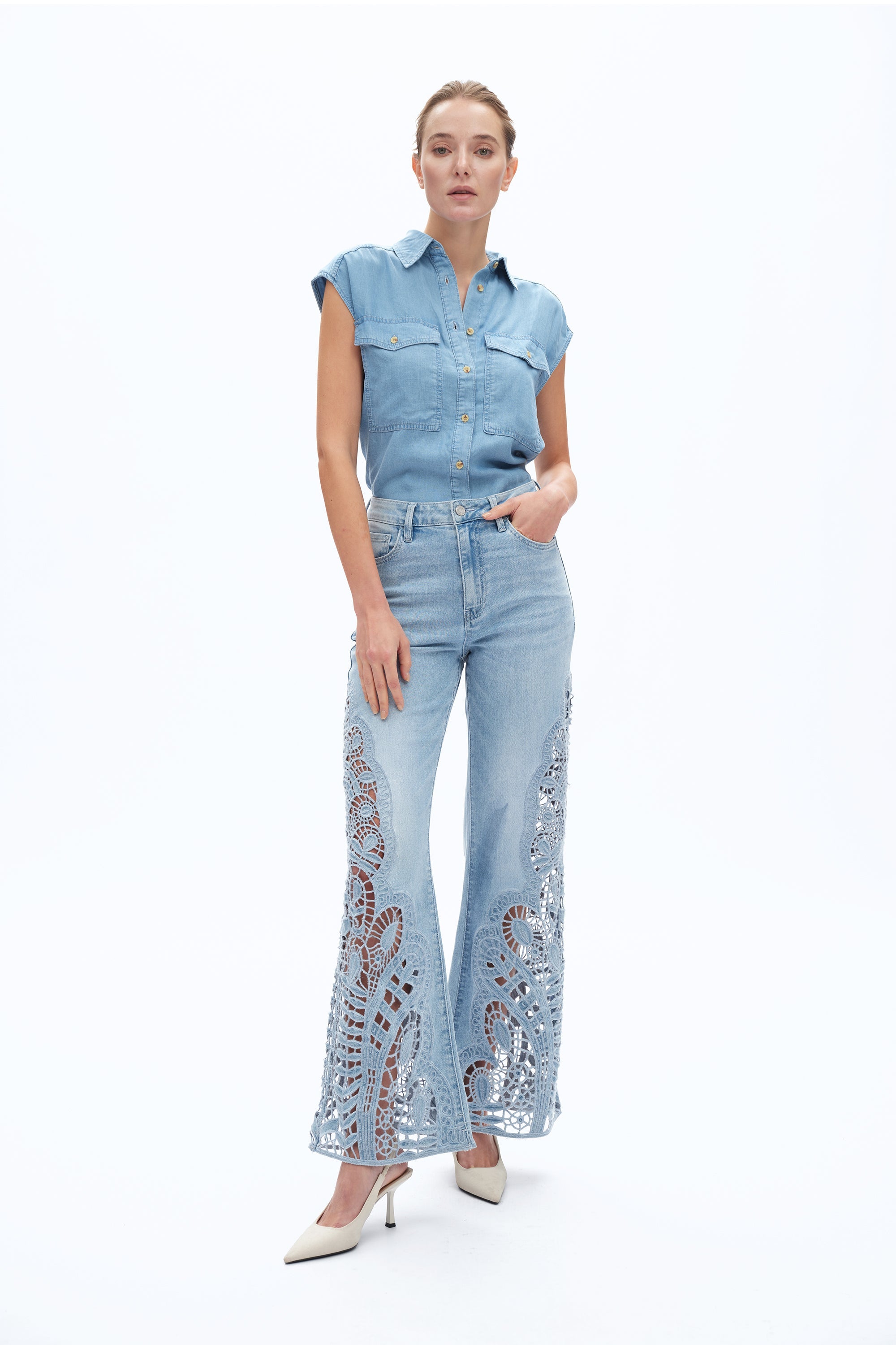 Lace Patchwork Wide Leg Jeans Cornflower