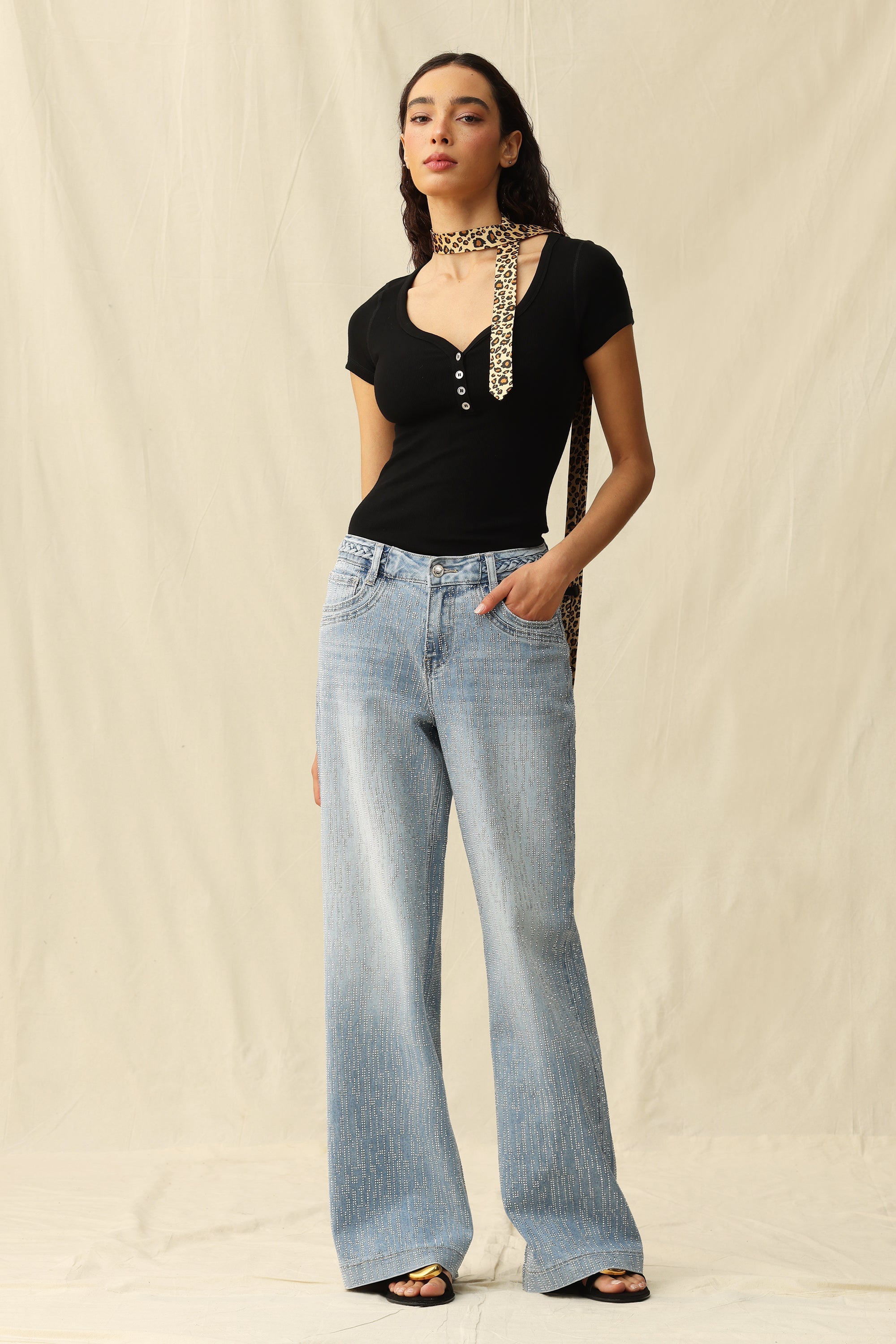 Mid Rise Wide Leg Rhinestone Jeans Light Blue - Back of the Bay Boutique