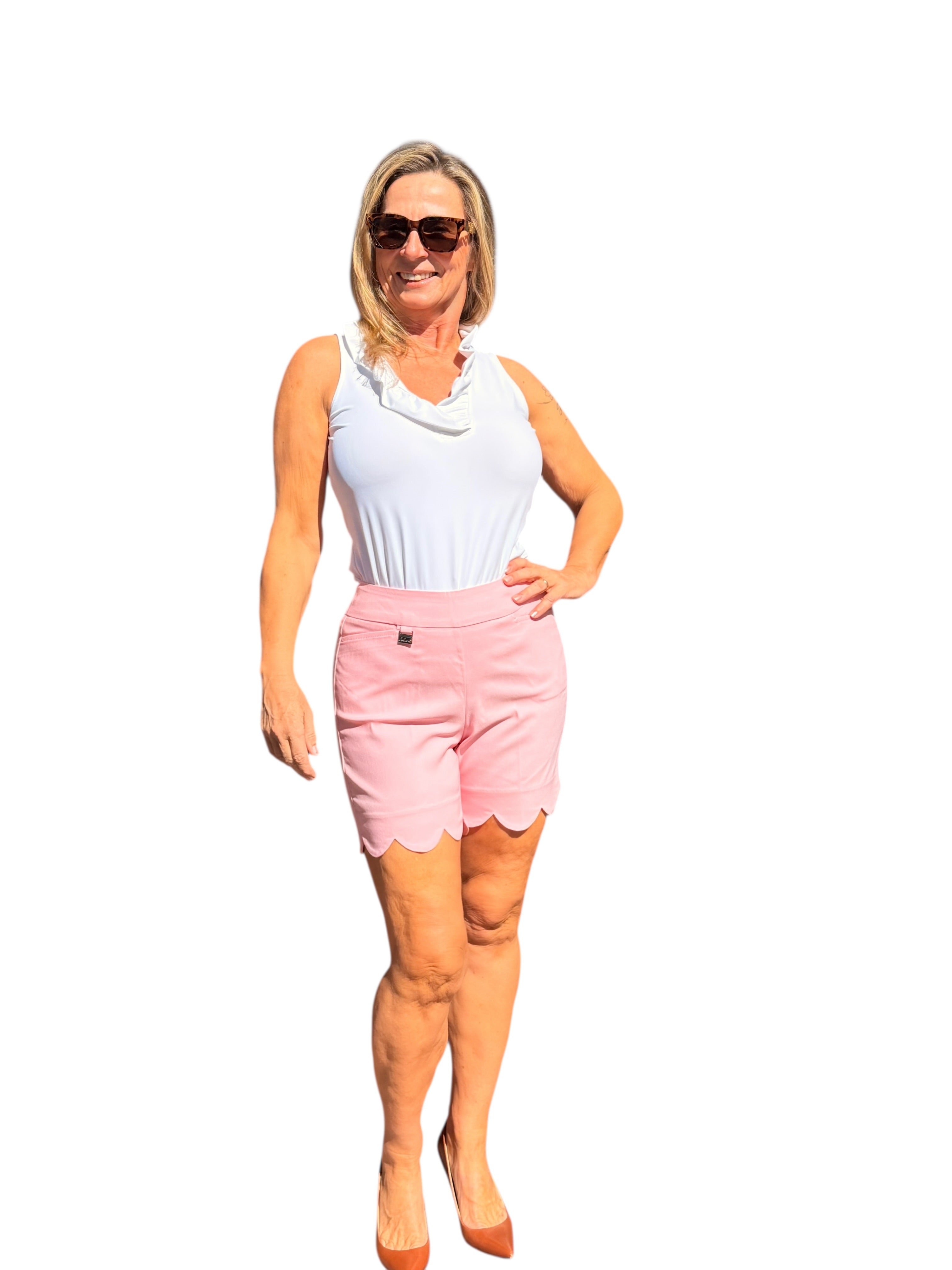 5" Inseam Pull - on Stretch Shorts with Scalloped Hemline Soft Pink - Back of the Bay Boutique