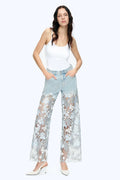 Embroidery Wide Leg Lace Jeans With Rhinestone Light Blue - Back of the Bay Boutique