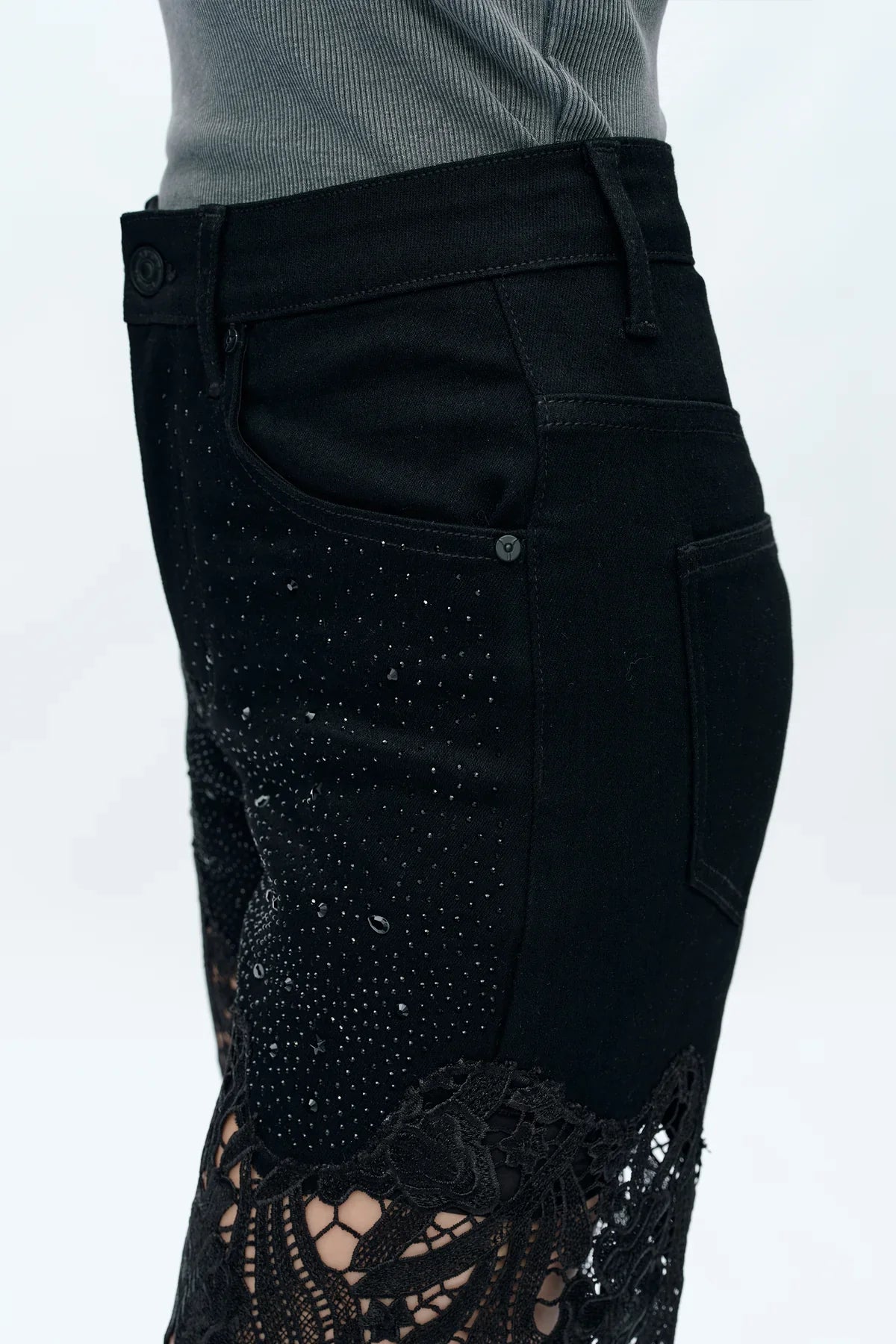 Embroidery Wide Leg Lace Jeans With Rhinestone Black - Back of the Bay Boutique