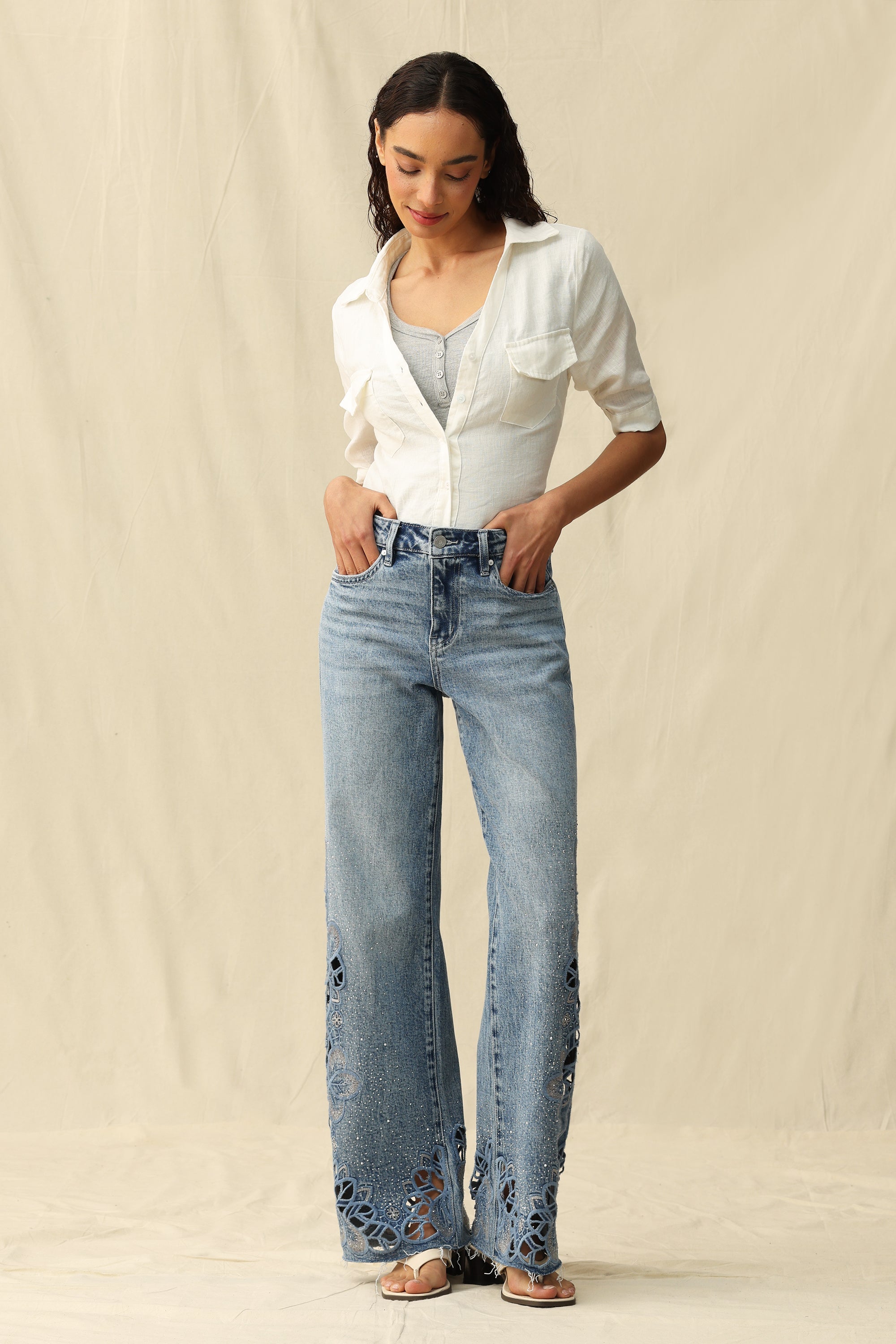 Cut - out Wide Leg Rhinestones Jeans Light Blue - Back of the Bay Boutique