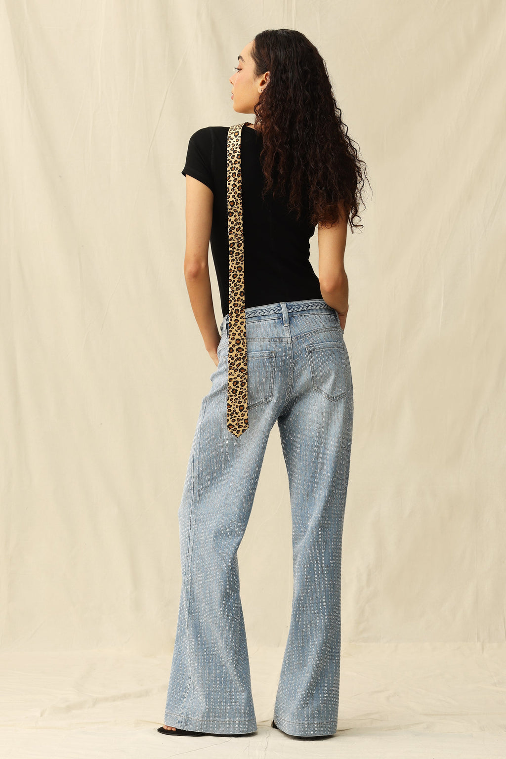 Mid Rise Wide Leg Rhinestone Jeans Light Blue - Back of the Bay Boutique