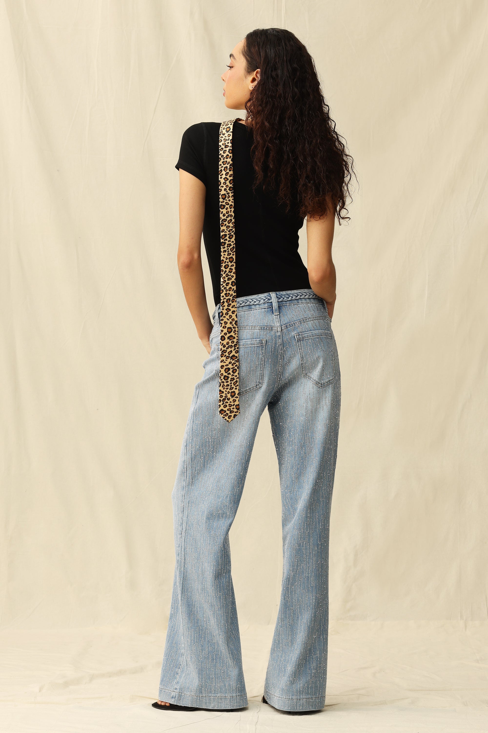 Mid Rise Wide Leg Rhinestone Jeans Light Blue - Back of the Bay Boutique