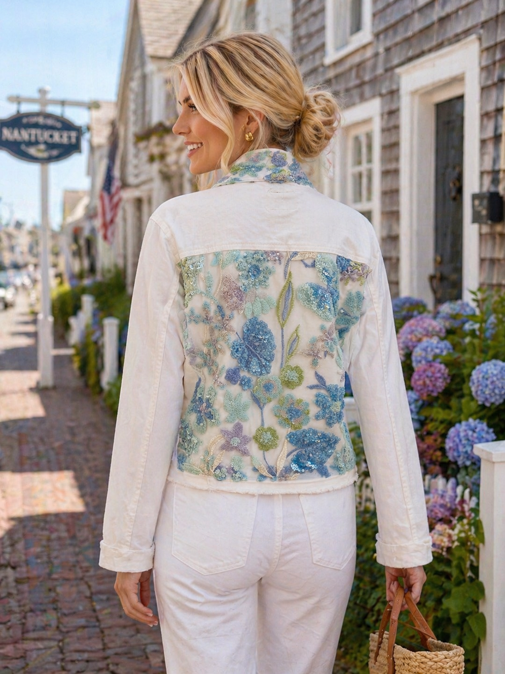 The White Denim Jacket / Blue Sequins