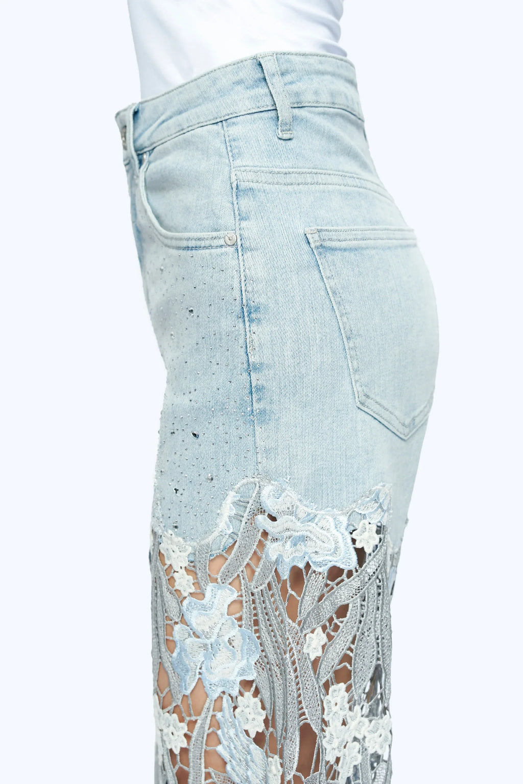 Embroidery Wide Leg Lace Jeans With Rhinestone Light Blue - Back of the Bay Boutique