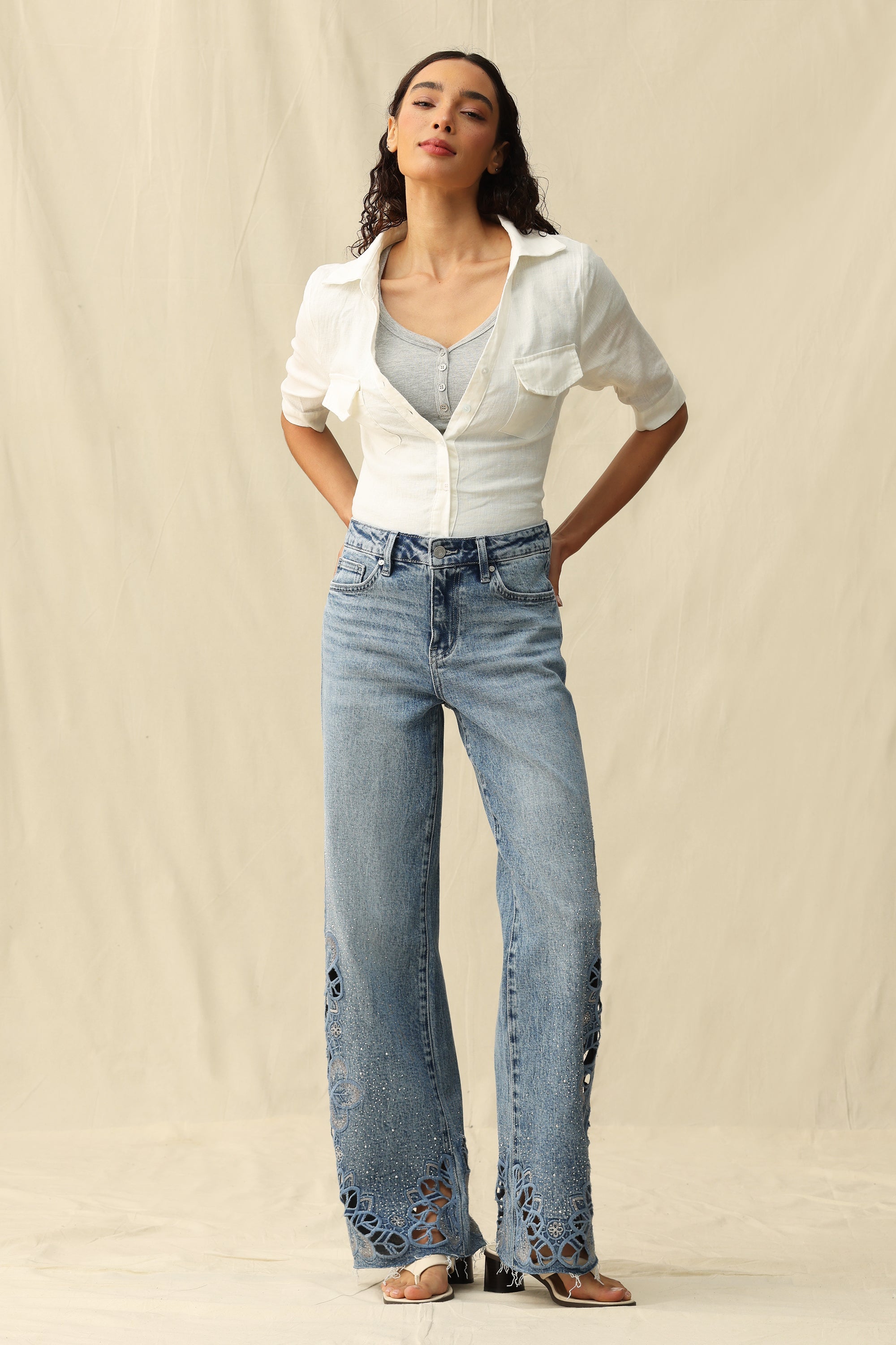 Cut - out Wide Leg Rhinestones Jeans Light Blue - Back of the Bay Boutique