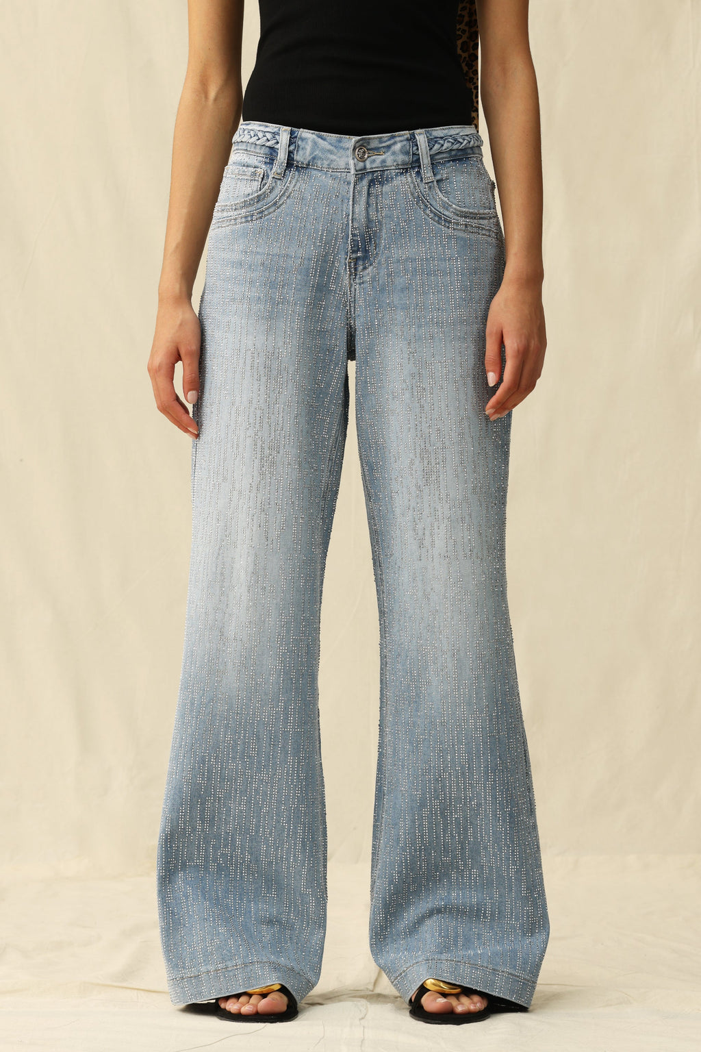 Mid Rise Wide Leg Rhinestone Jeans Light Blue - Back of the Bay Boutique
