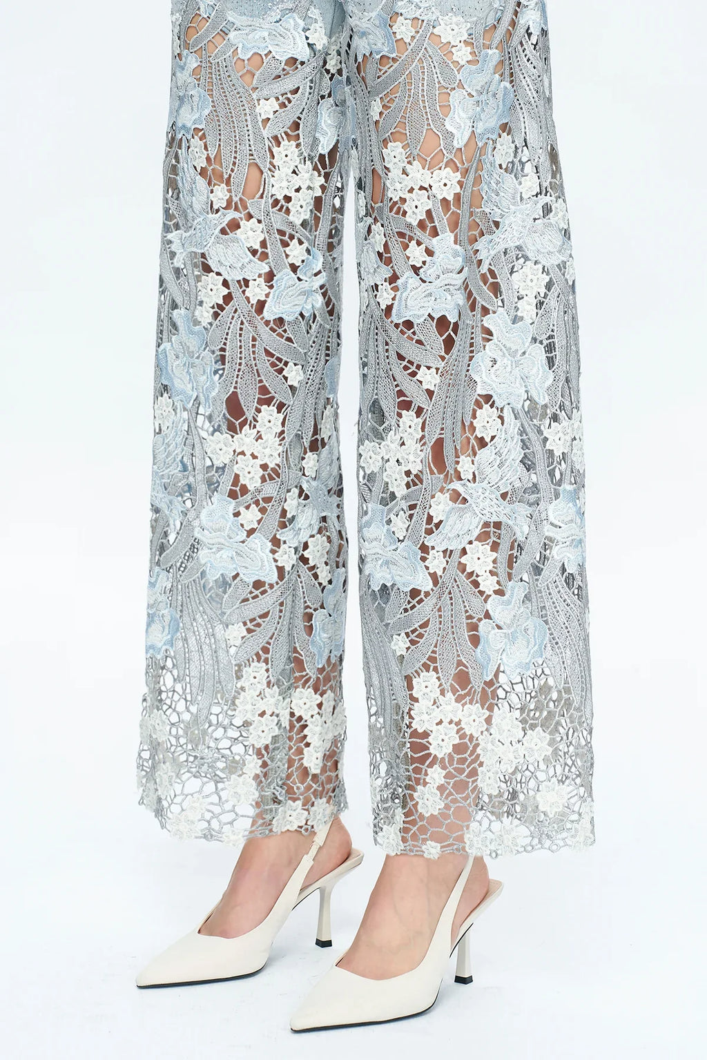Embroidery Wide Leg Lace Jeans With Rhinestone Light Blue - Back of the Bay Boutique