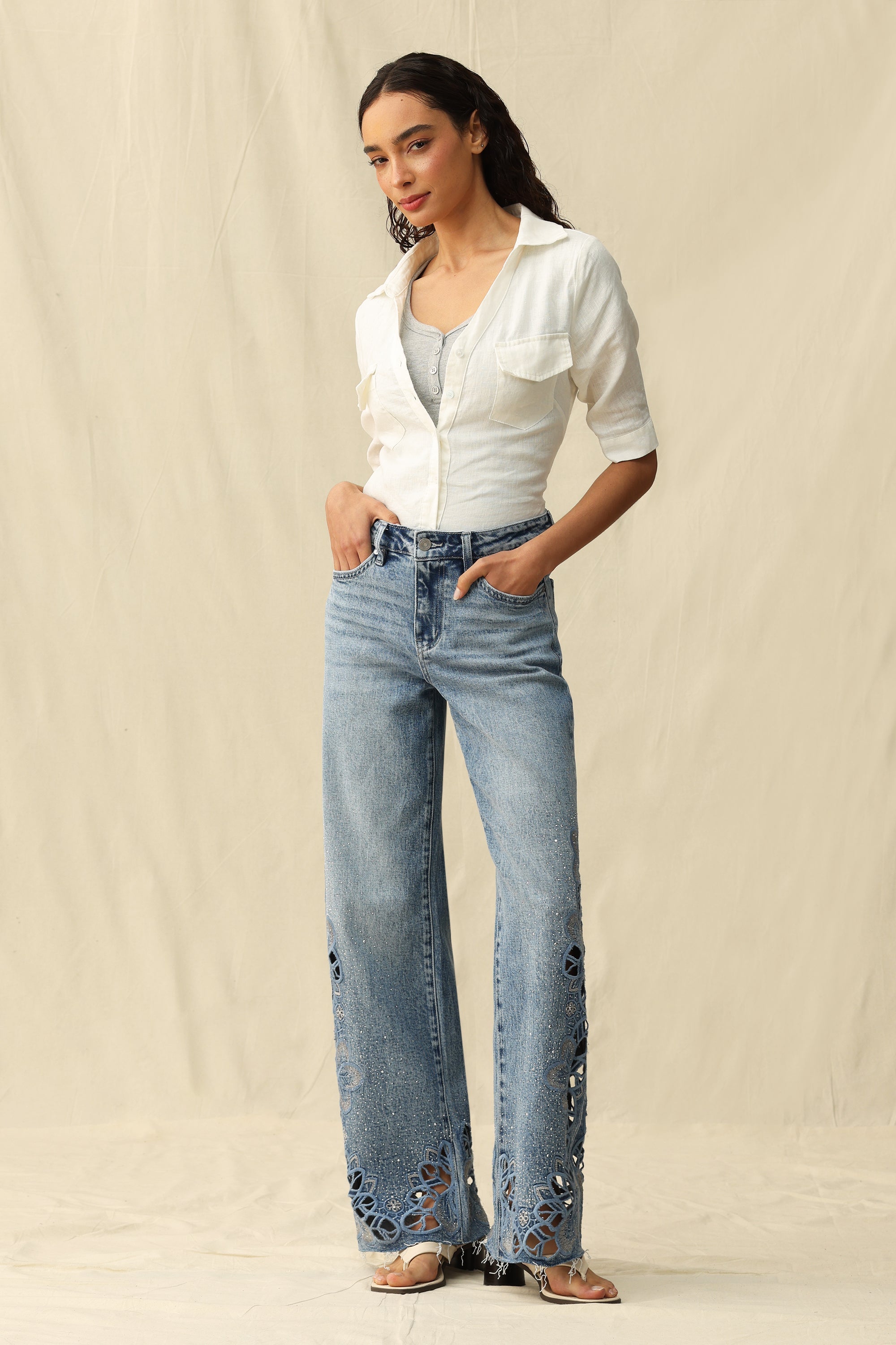 Cut - out Wide Leg Rhinestones Jeans Light Blue - Back of the Bay Boutique