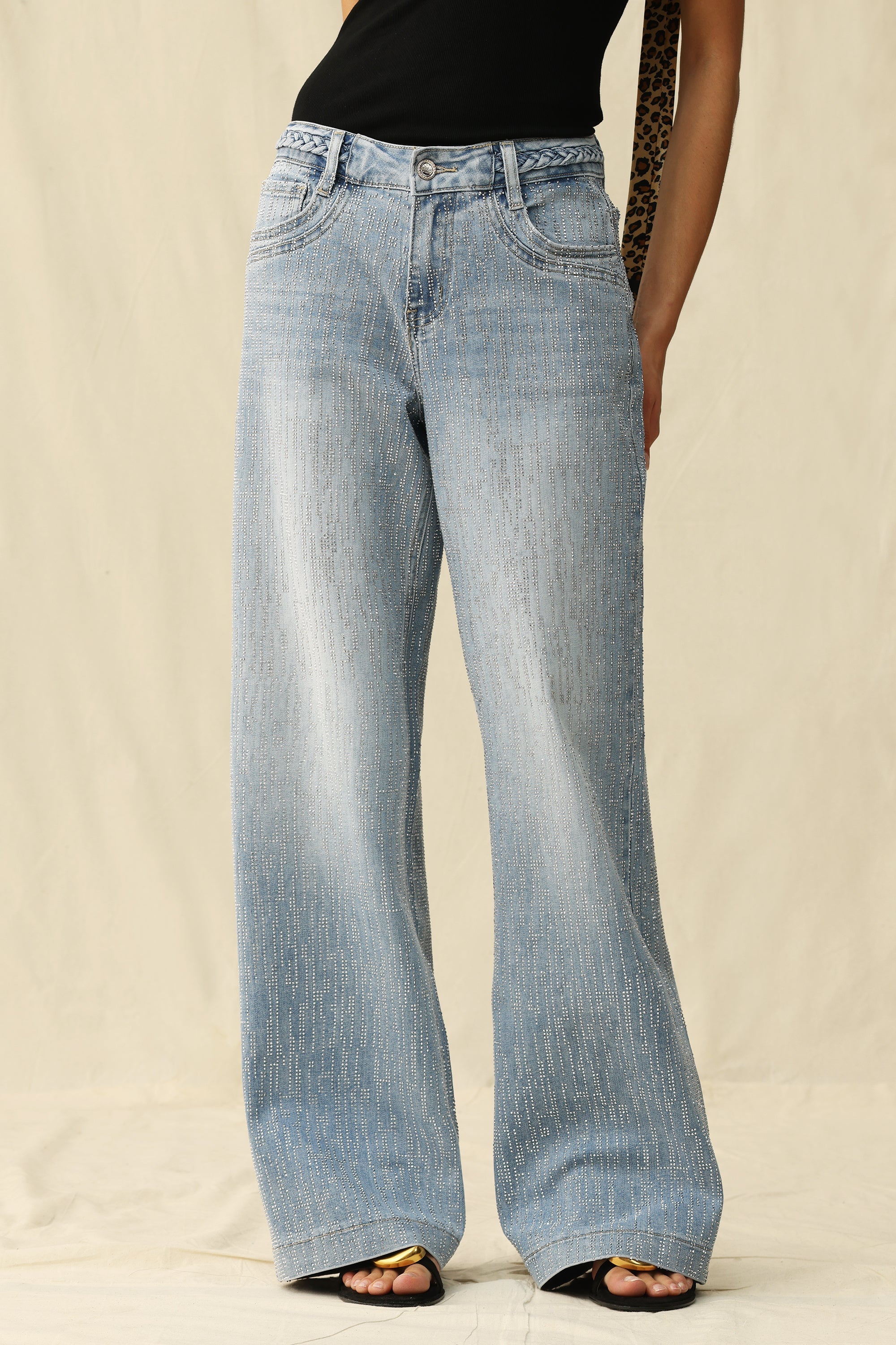 Mid Rise Wide Leg Rhinestone Jeans Light Blue - Back of the Bay Boutique