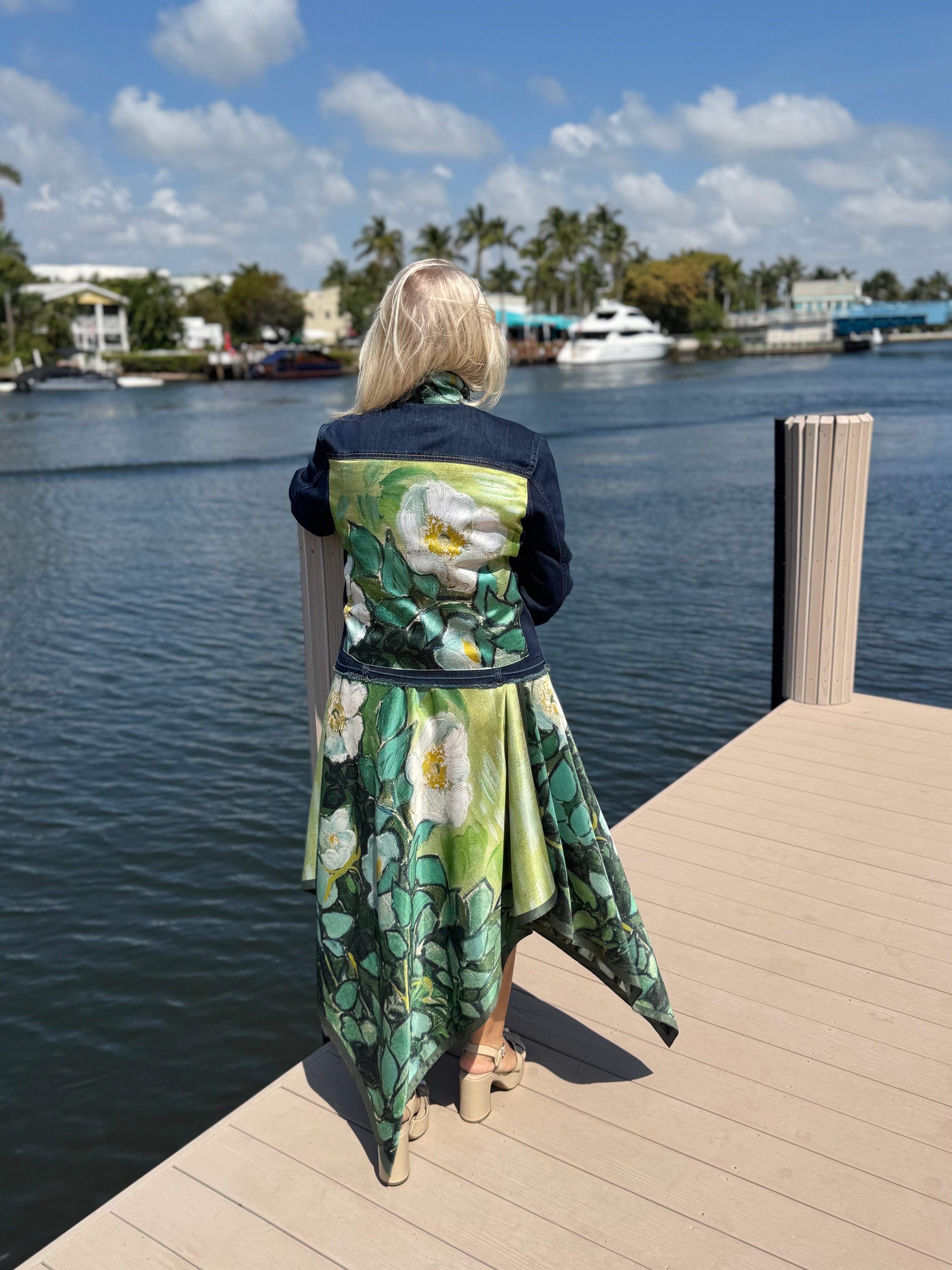 The Dark Denim Jacket / White Blossom - Back of the Bay Boutique