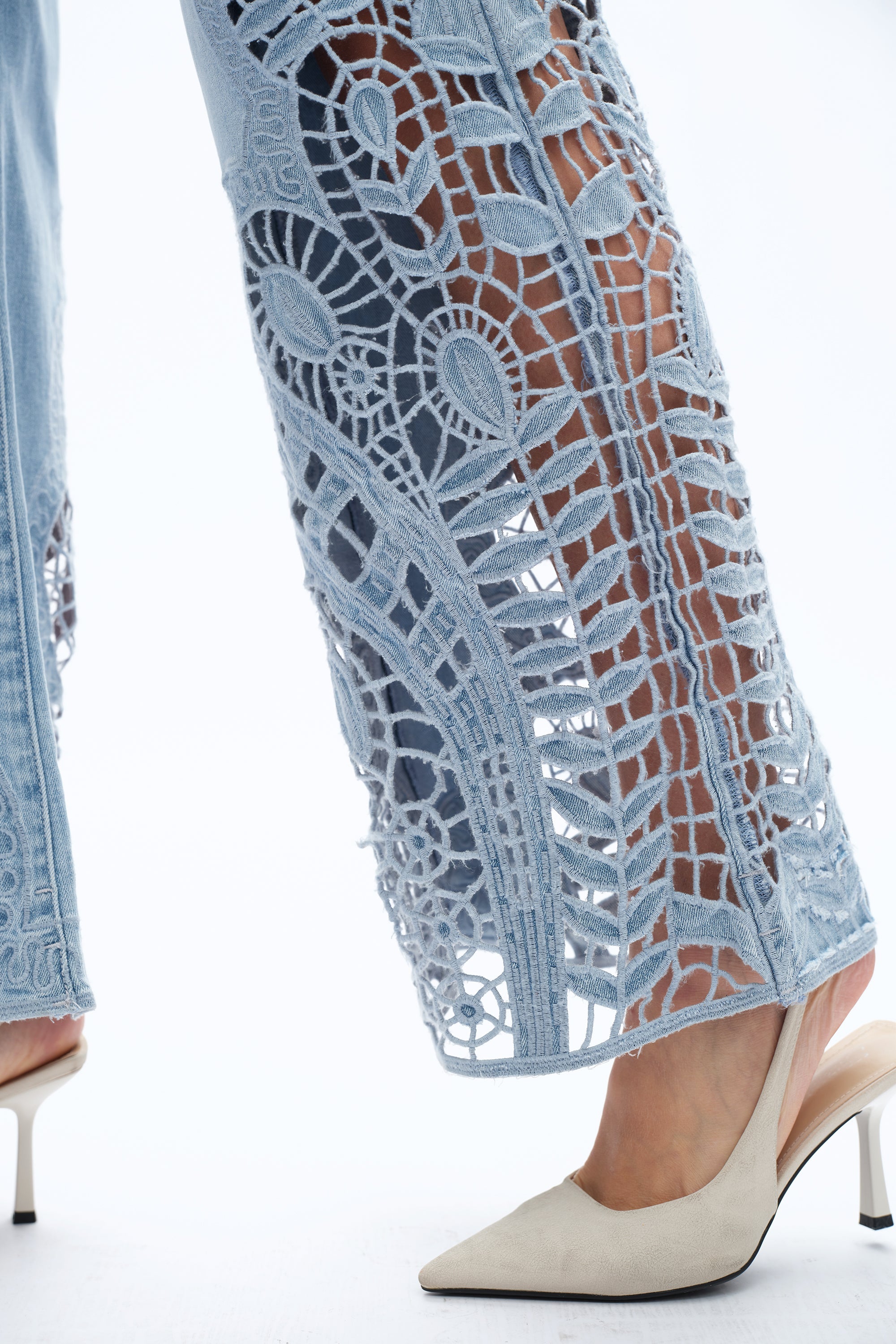 Lace Patchwork Wide Leg Jeans Cornflower