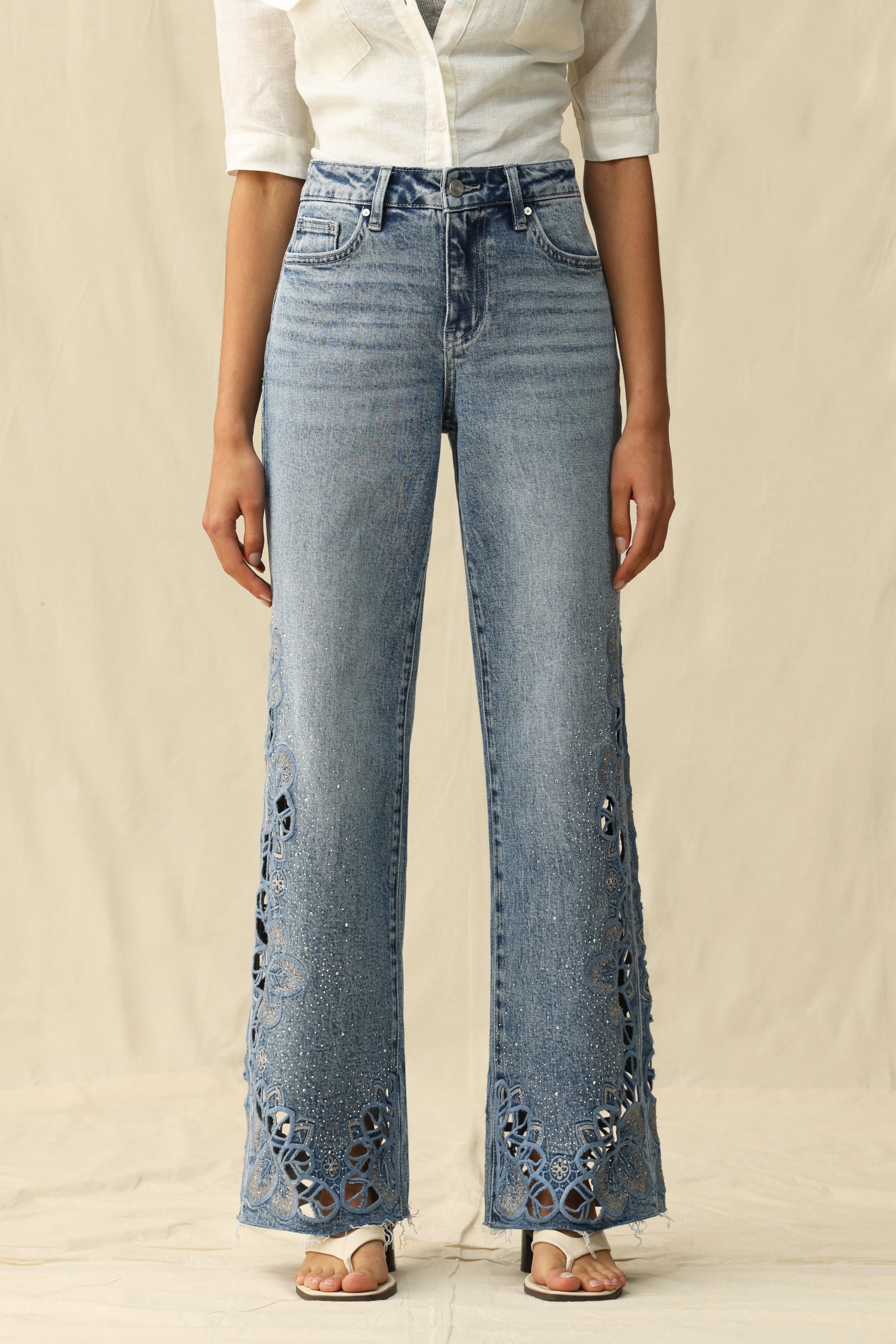 Cut - out Wide Leg Rhinestones Jeans Light Blue - Back of the Bay Boutique