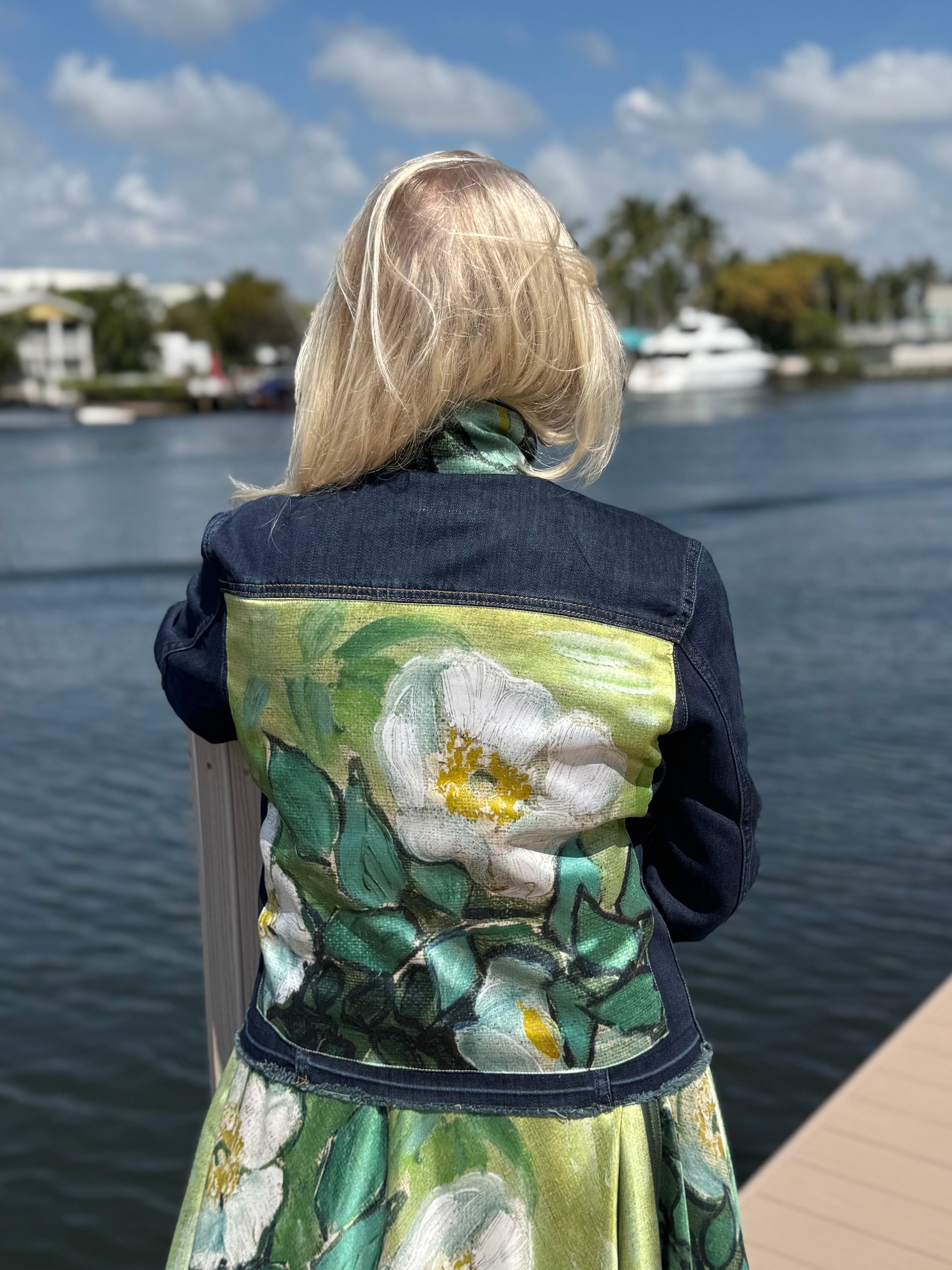 The Dark Denim Jacket / White Blossom - Back of the Bay Boutique