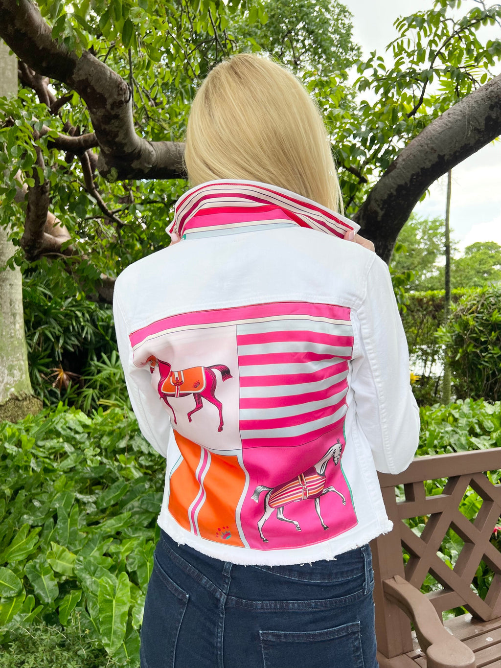 The White Denim Jacket / Pink Horse - Back of the Bay Boutique