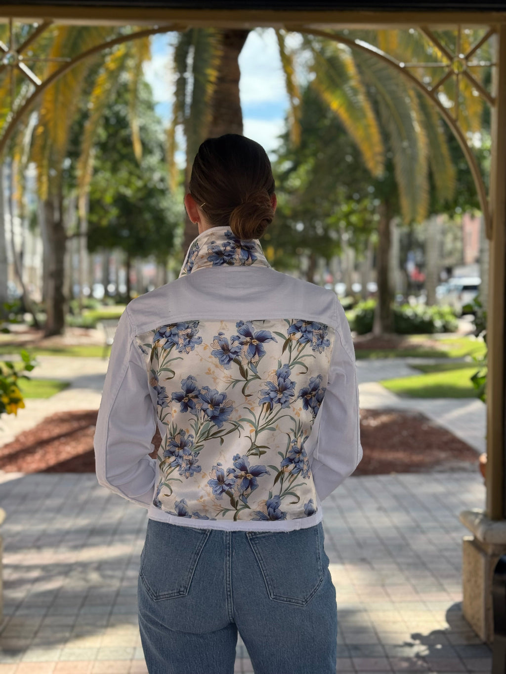 The White Denim Jacket / Blooming Iris - Back of the Bay Boutique