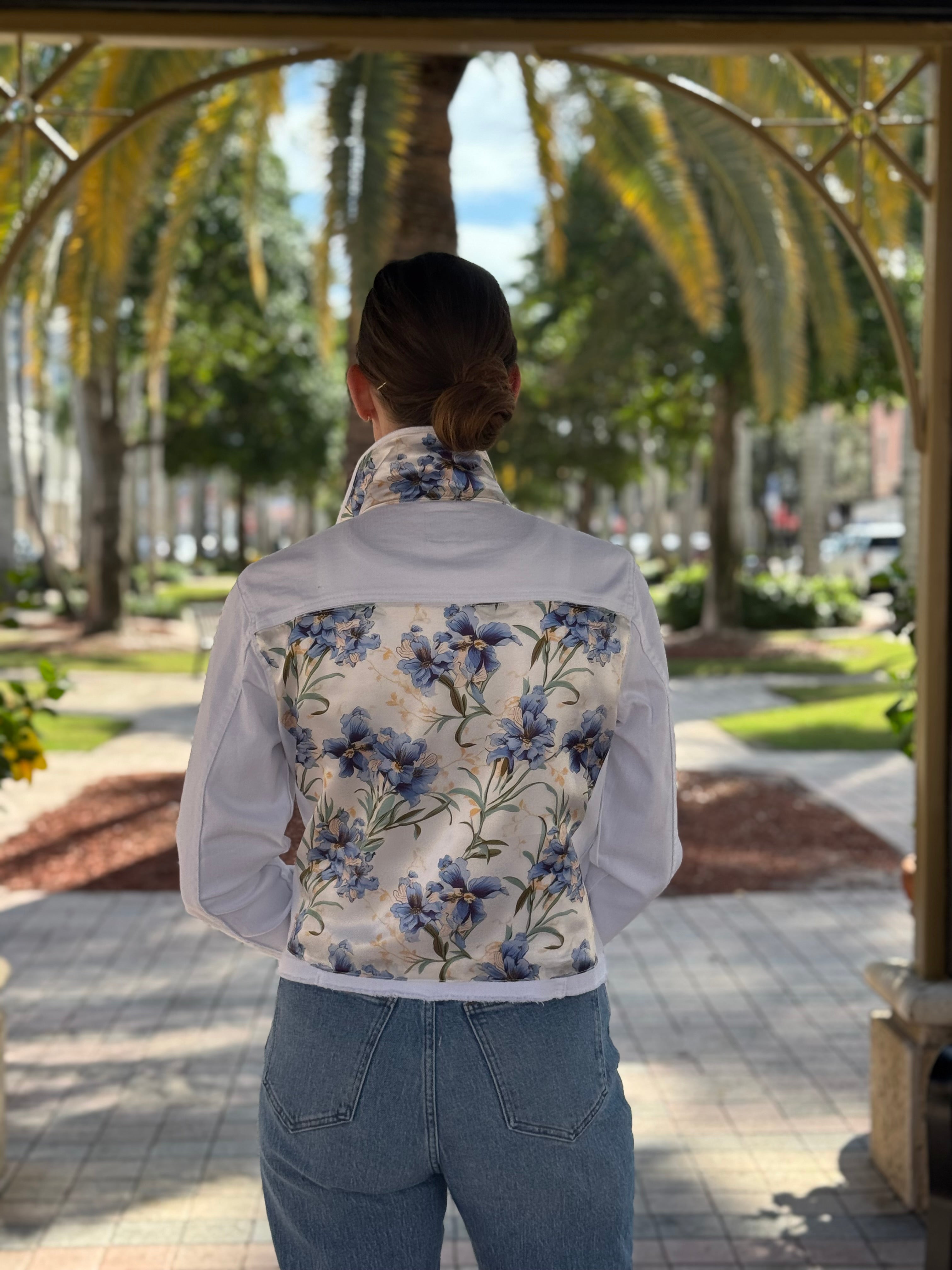 The White Denim Jacket / Blooming Iris - Back of the Bay Boutique
