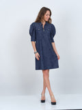 Crema Embossed Half-Zip Dress with Puffed Sleeves