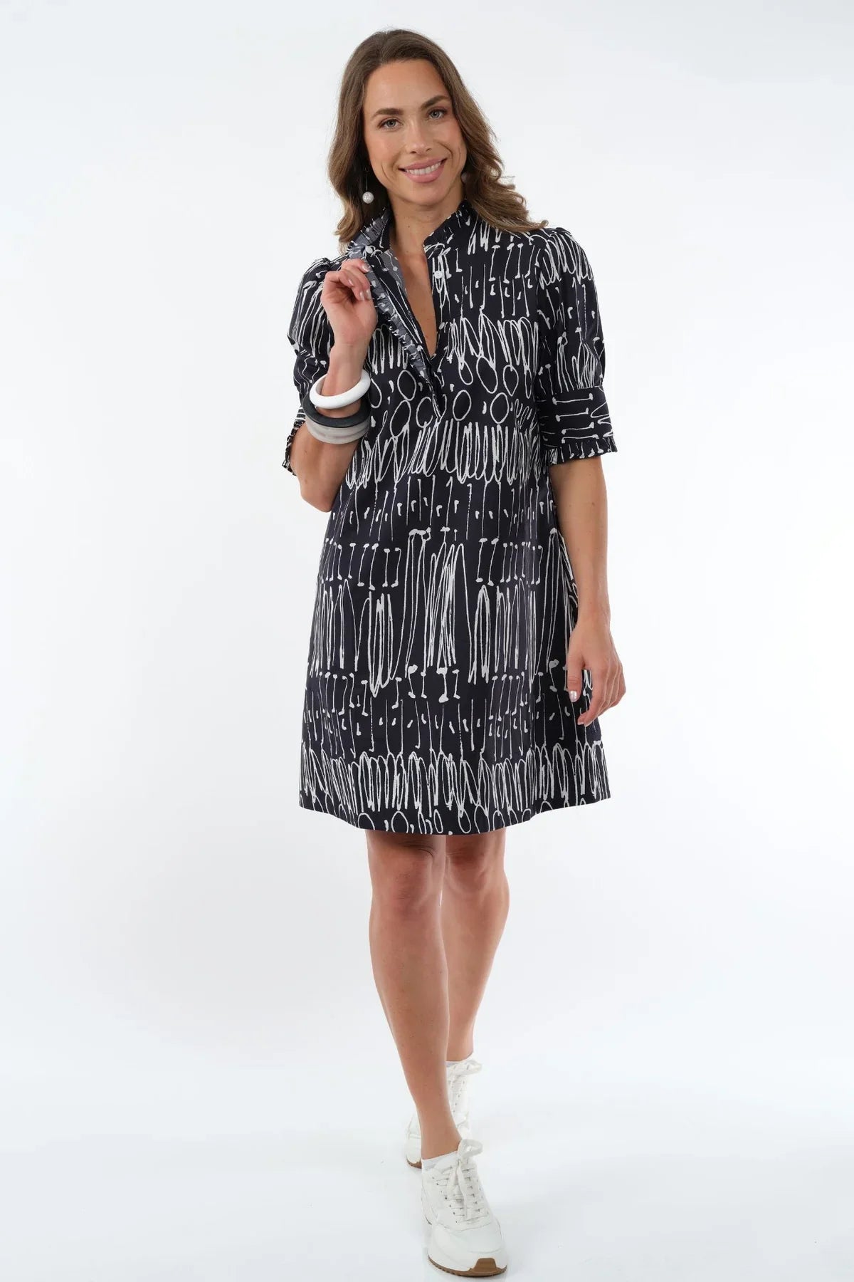 Dai Black & White Scribble Ruffle-Neck Dress