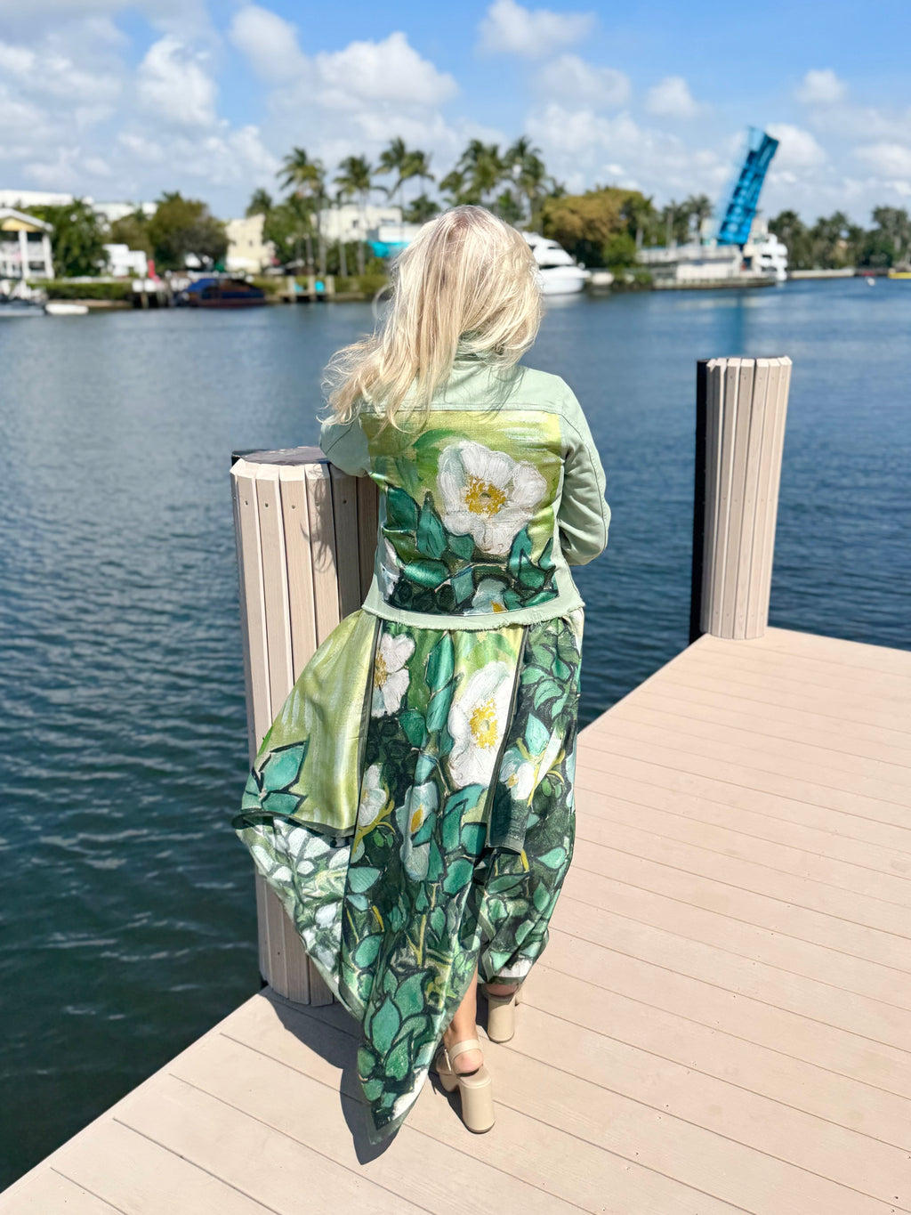 The Tea Leaf Green Denim Jacket / White Blossom - Back of the Bay Boutique