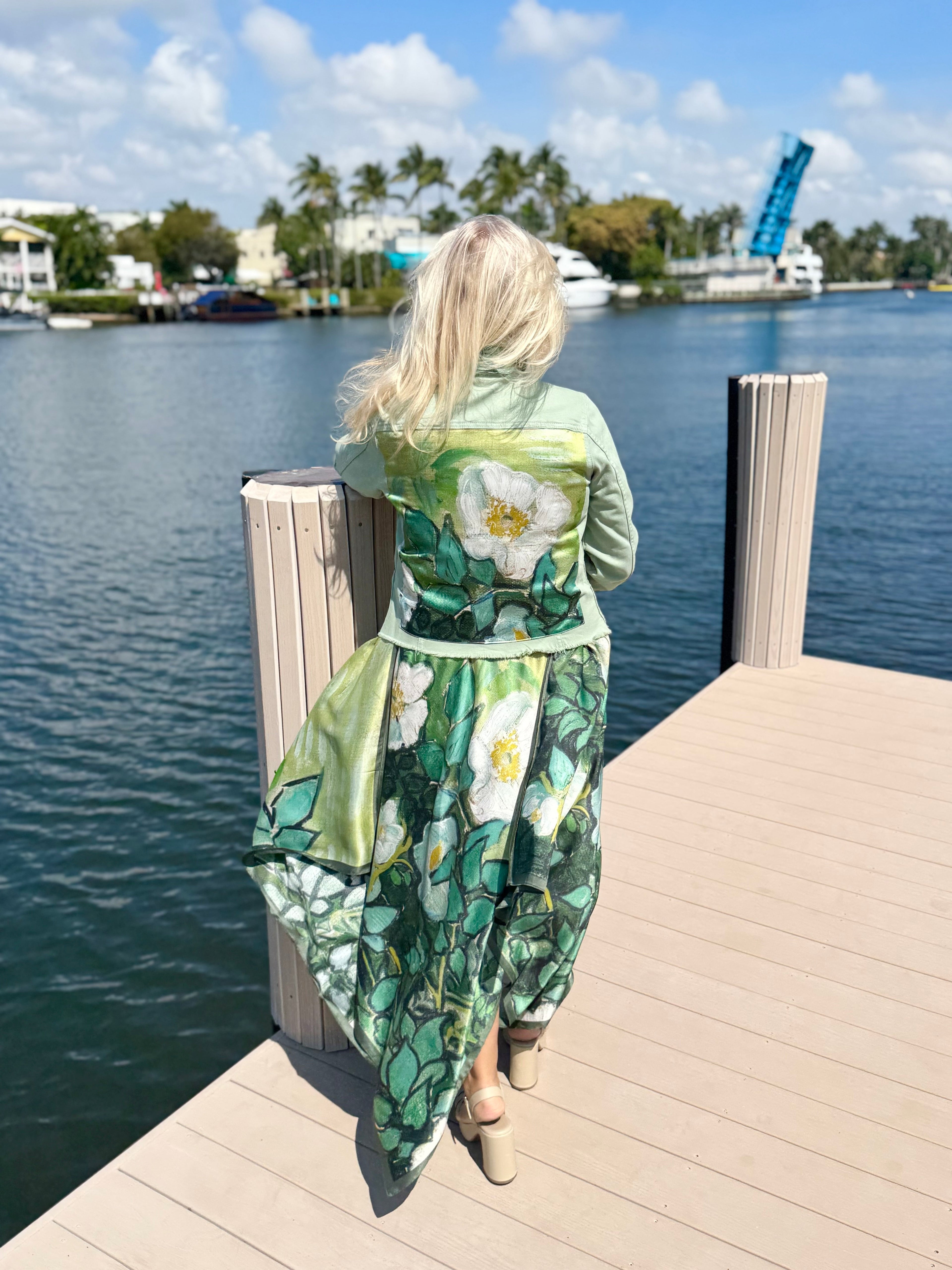The Tea Leaf Green Denim Jacket / White Blossom - Back of the Bay Boutique