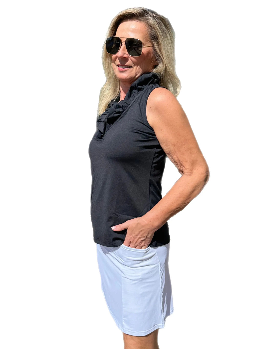 Ruffle-Neck Top with UPF50+ Black - Back of the Bay Boutique