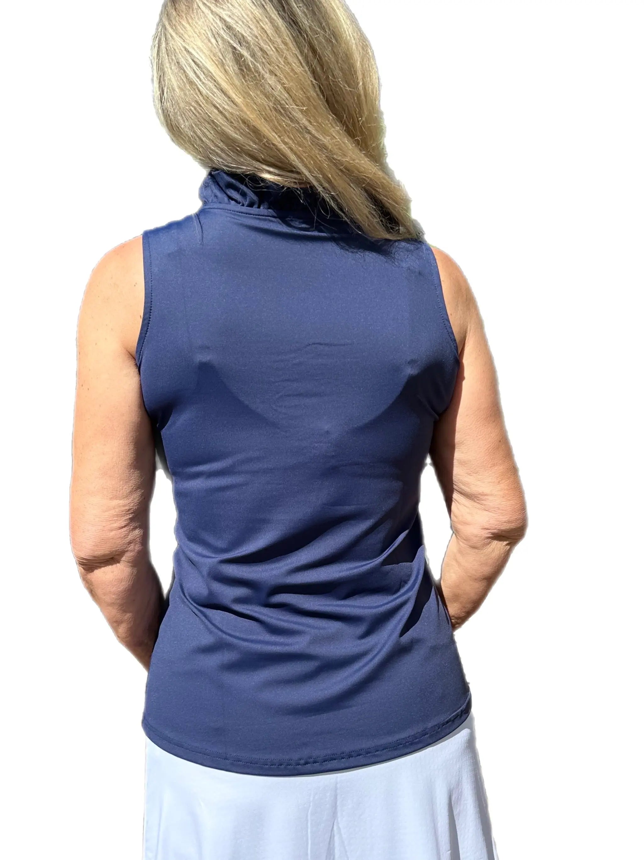 Ruffle-Neck Top with UPF50+ Navy - Back of the Bay Boutique