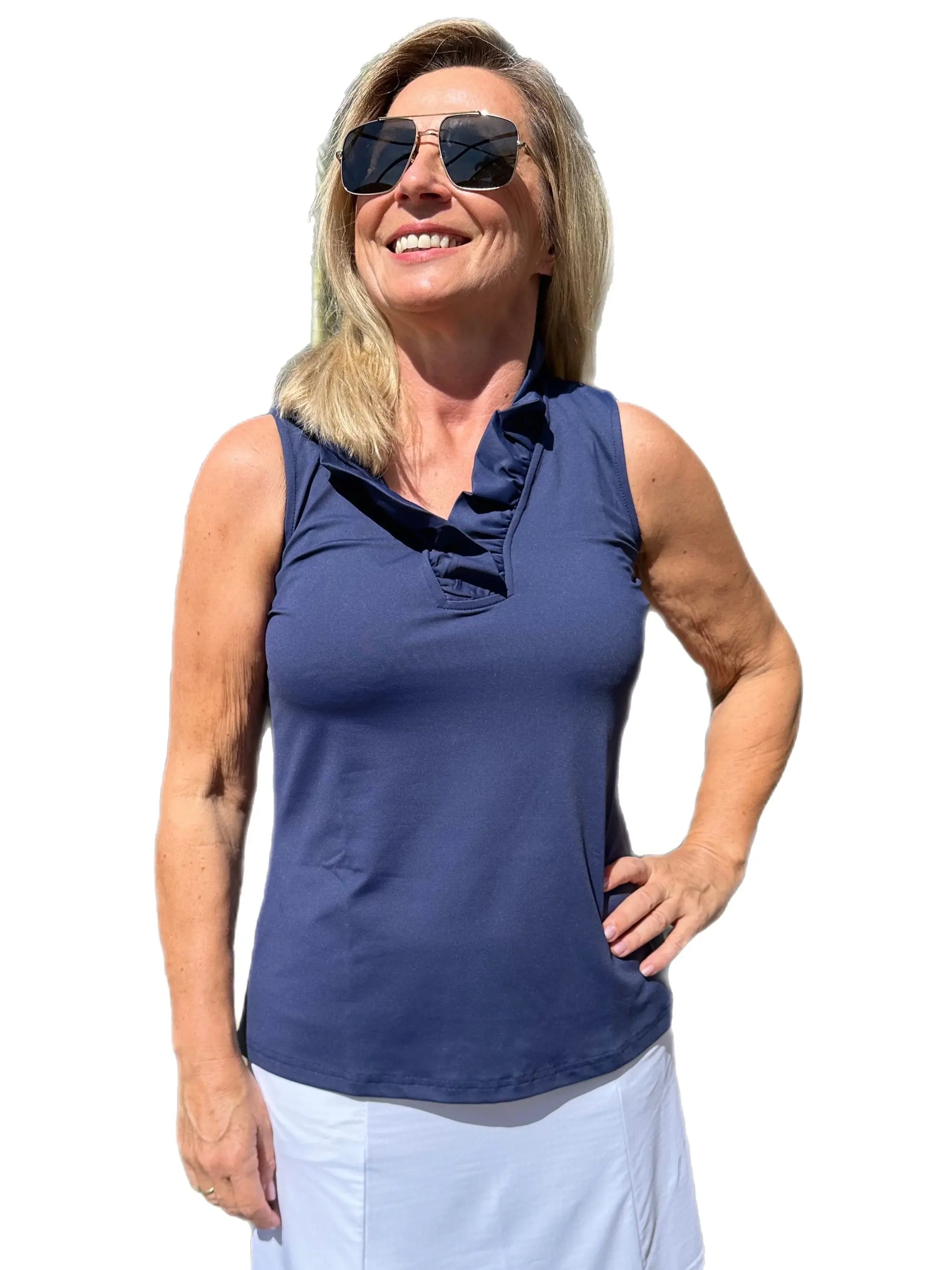 Ruffle-Neck Top with UPF50+ Navy - Back of the Bay Boutique