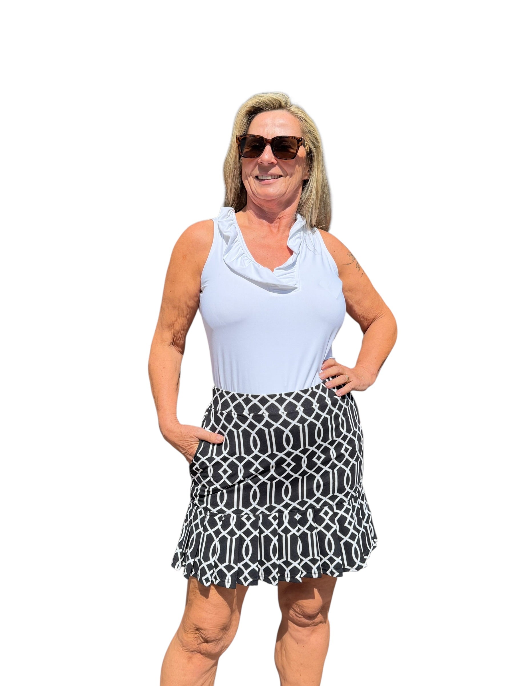 Pull - on Flounce Skort with UPF50+ Geometric Lines Black - Back of the Bay Boutique