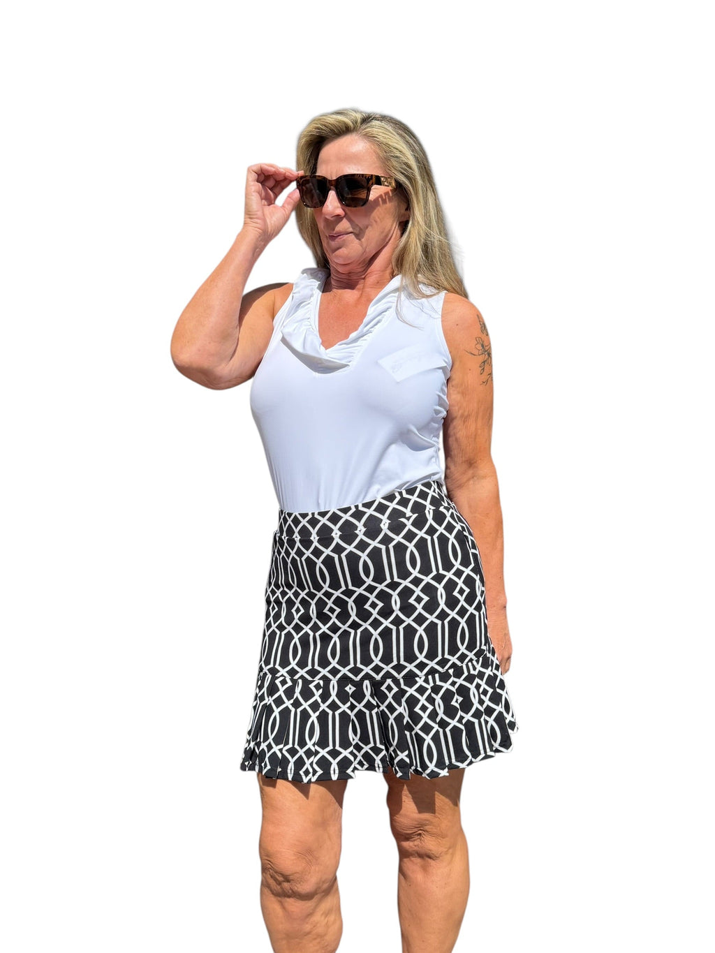 Pull - on Flounce Skort with UPF50+ Geometric Lines Black - Back of the Bay Boutique