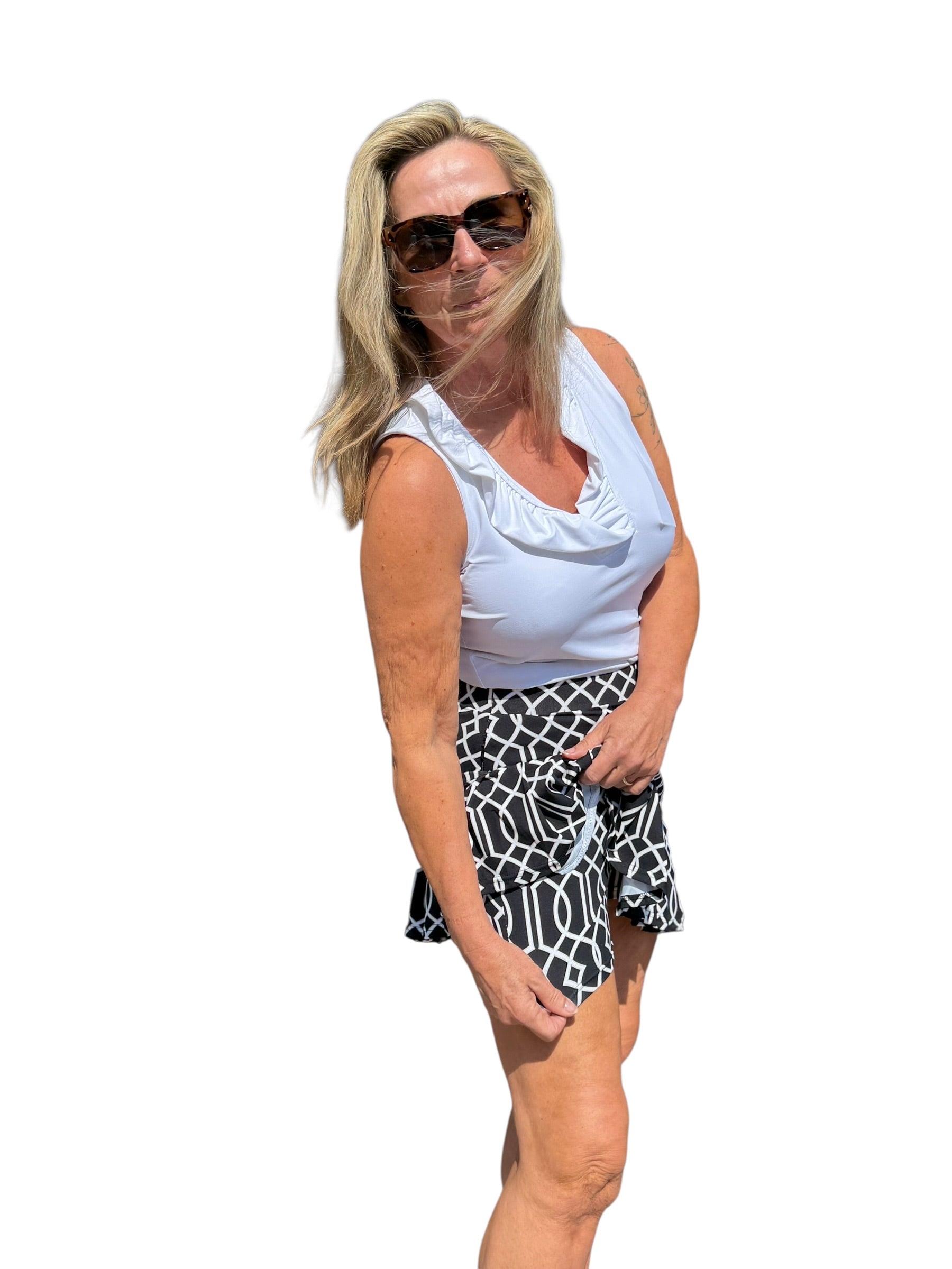 Pull - on Flounce Skort with UPF50+ Geometric Lines Black - Back of the Bay Boutique