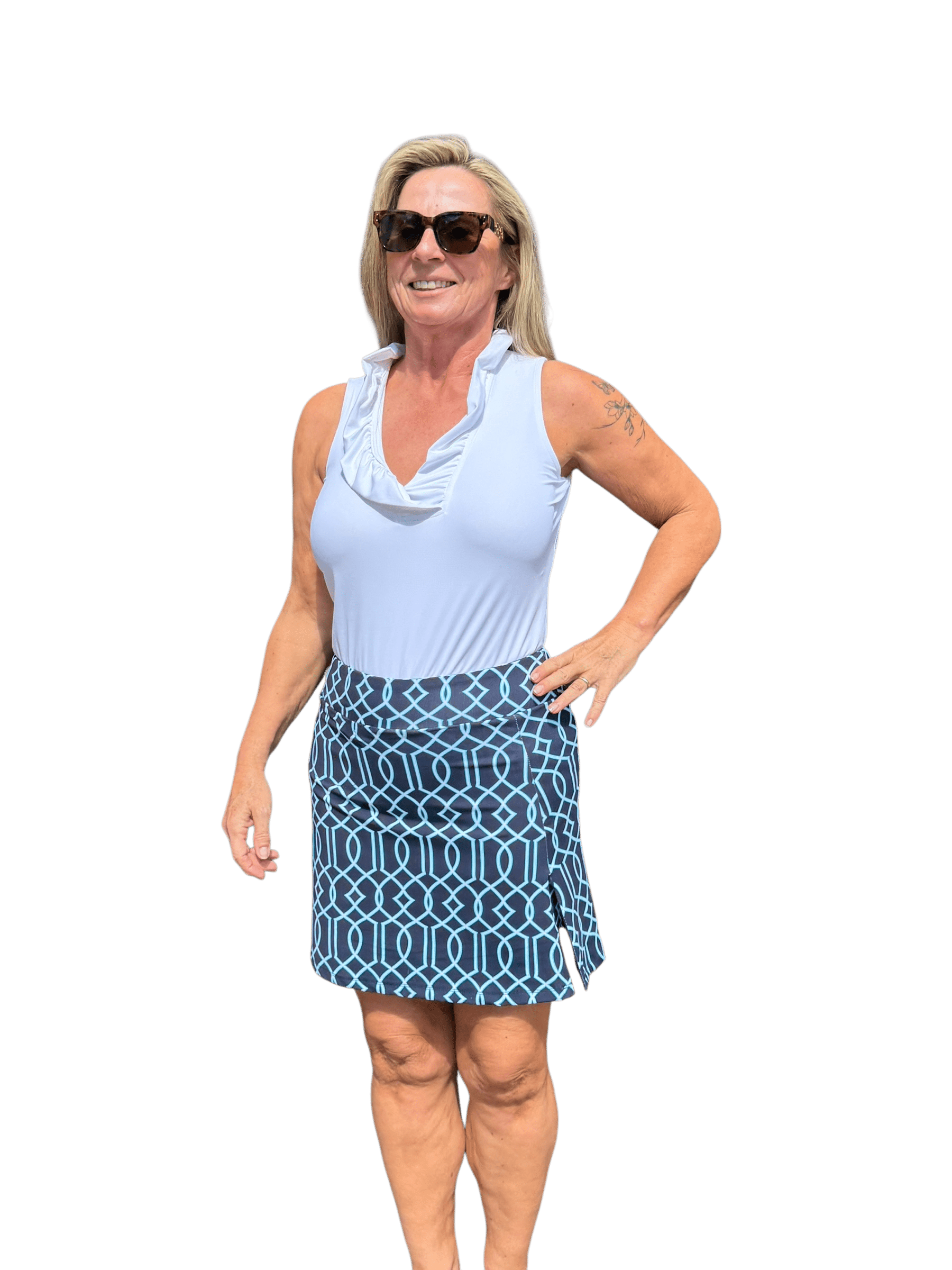 Pull - on Zip Skort with UPF50+ Geometric Lines Navy - Back of the Bay Boutique