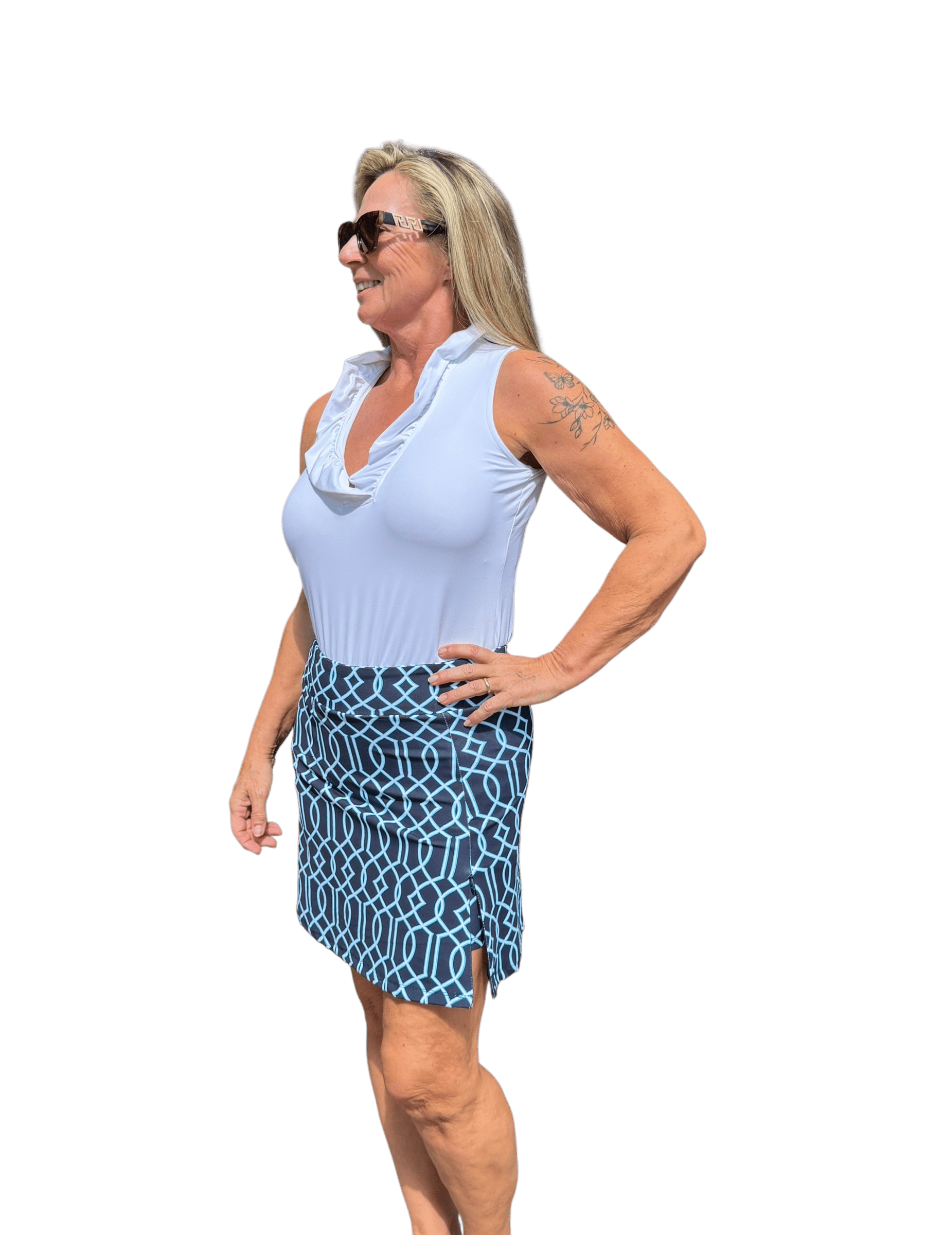 Pull - on Zip Skort with UPF50+ Geometric Lines Navy - Back of the Bay Boutique