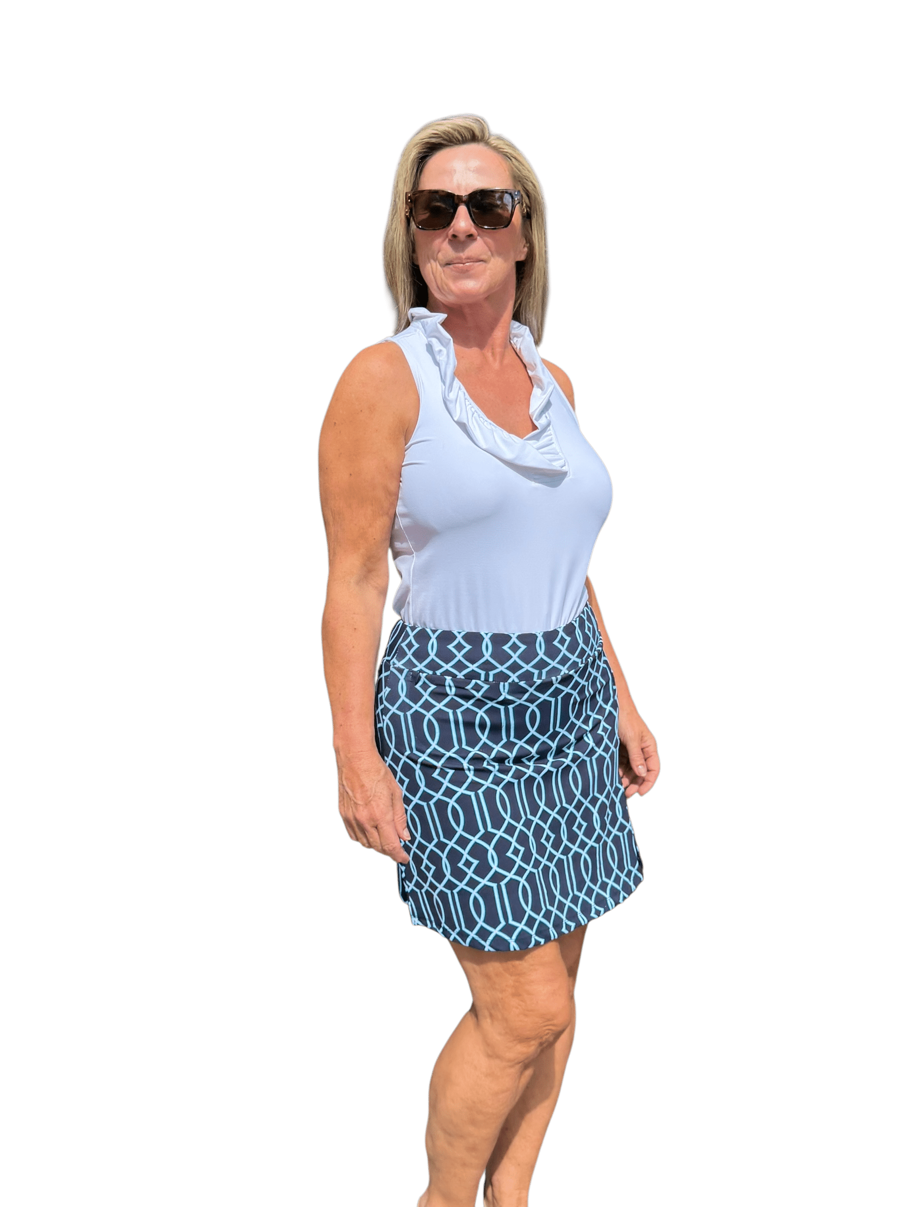 Pull - on Zip Skort with UPF50+ Geometric Lines Navy - Back of the Bay Boutique