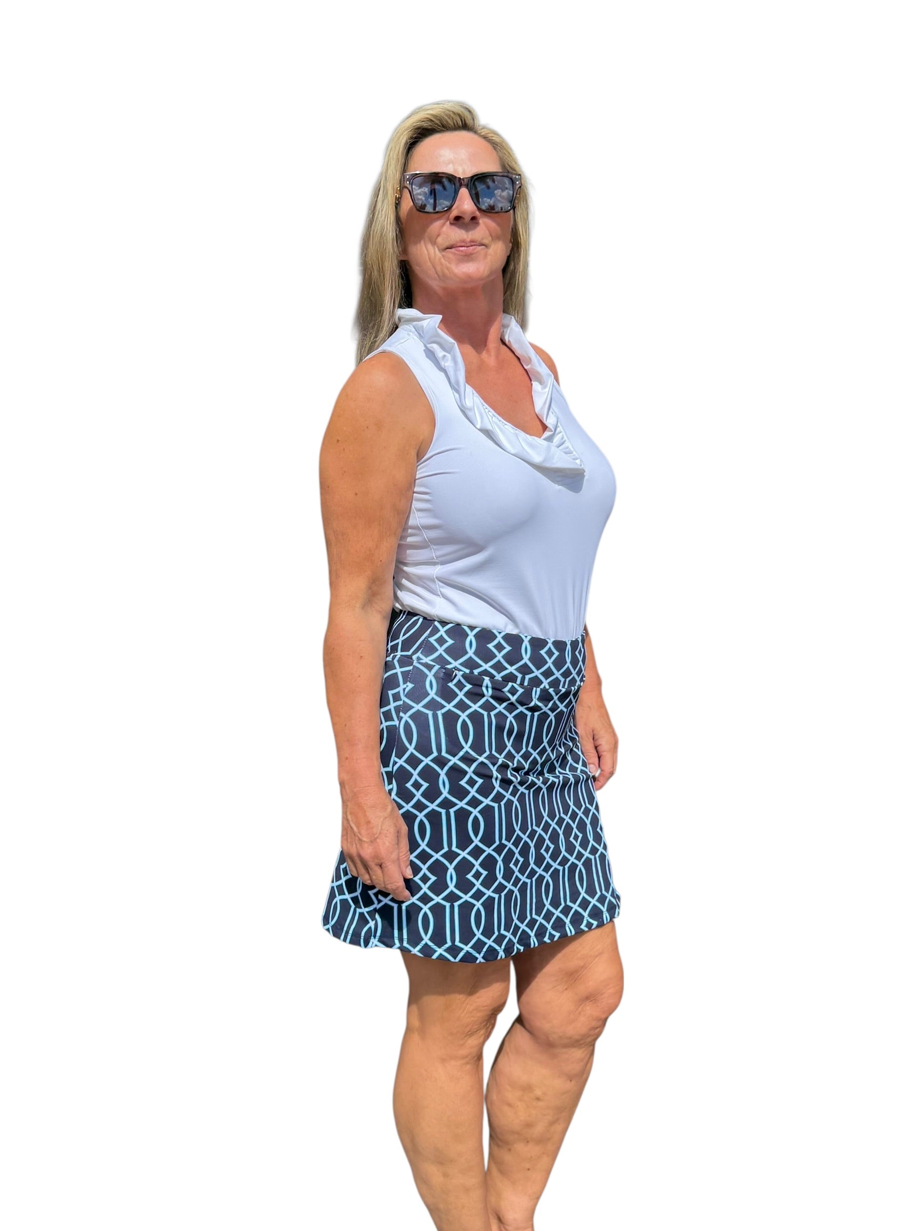 Pull - on Zip Skort with UPF50+ Geometric Lines Navy - Back of the Bay Boutique
