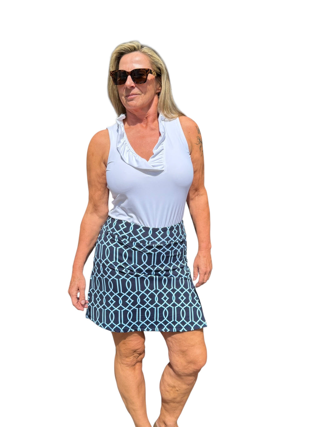 Pull - on Zip Skort with UPF50+ Geometric Lines Navy - Back of the Bay Boutique