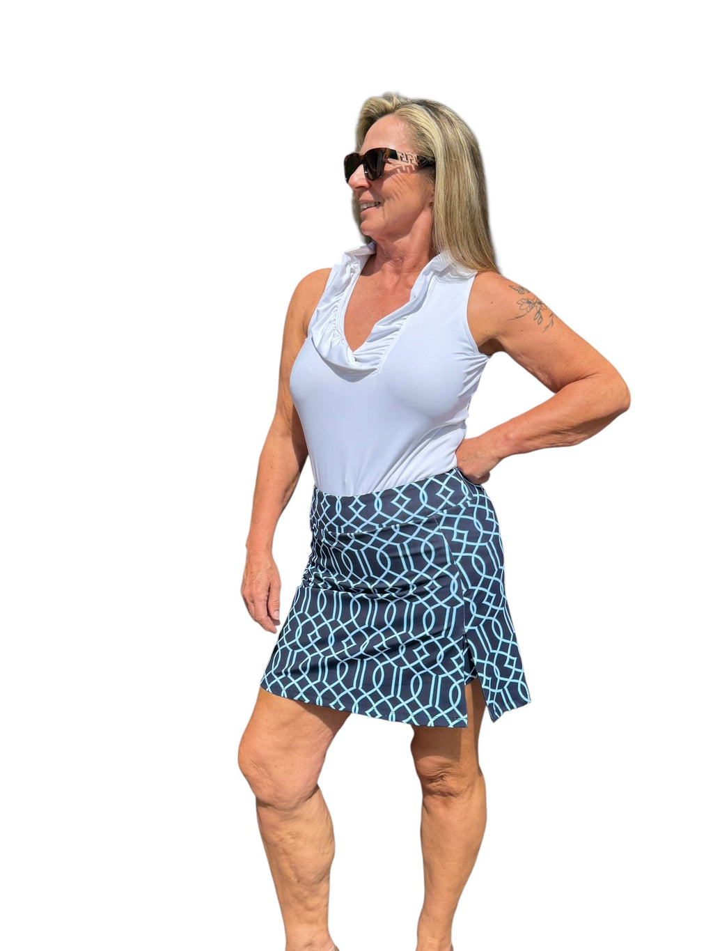 Pull - on Zip Skort with UPF50+ Geometric Lines Navy - Back of the Bay Boutique