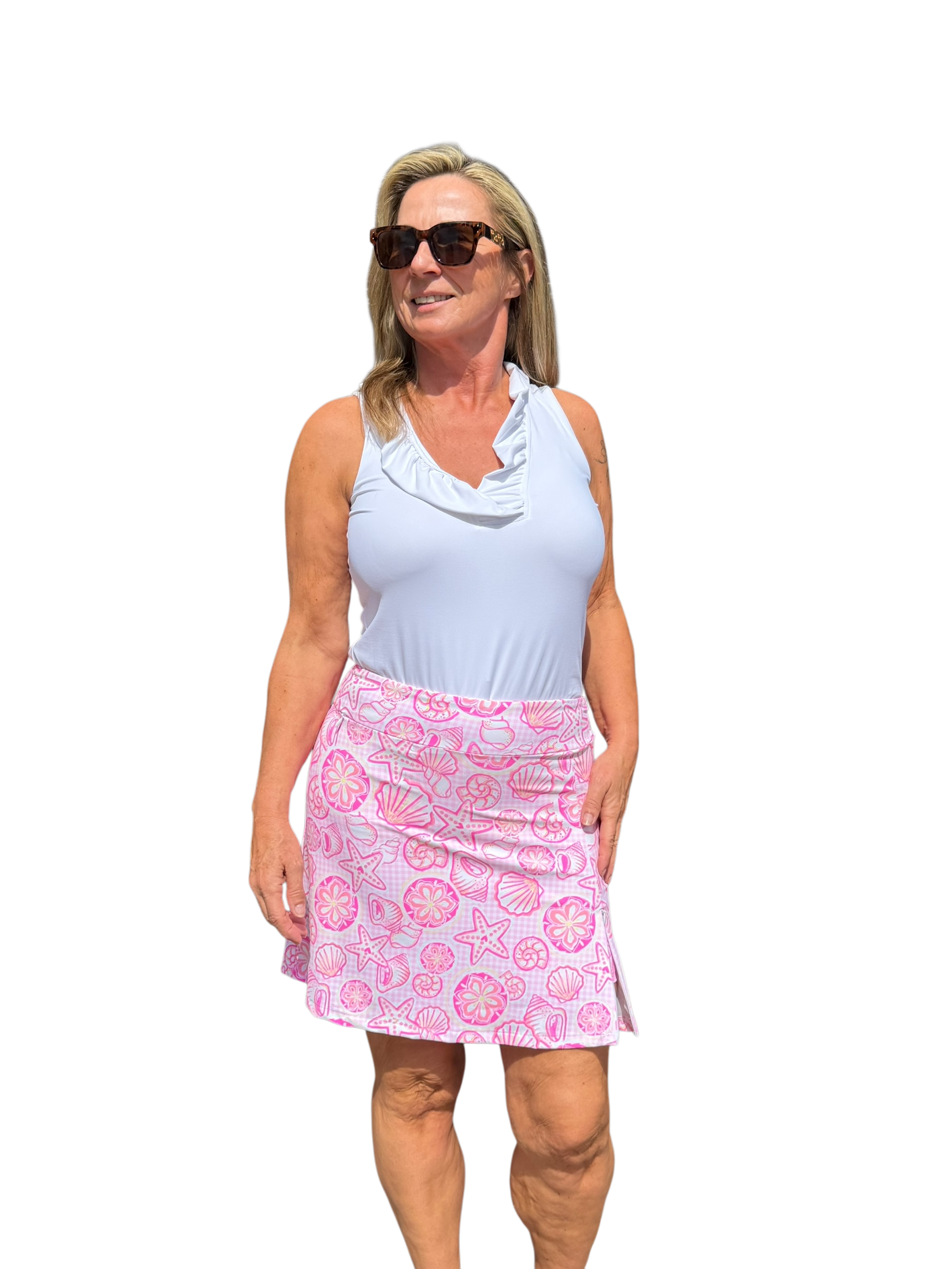 Pull - on Zip Skort with UPF50+ Ocean Shells Pink - Back of the Bay Boutique
